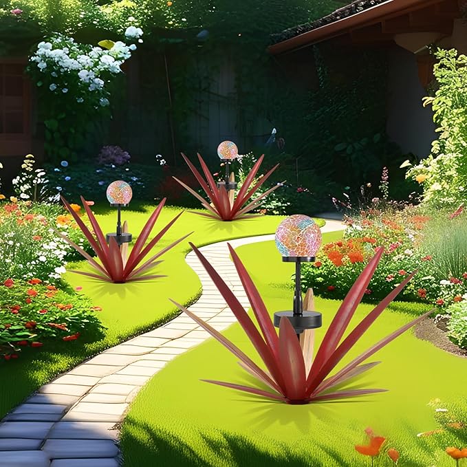 Tequila Rustic Sculpture Metal Yard Decor Hand Painted Metal Agave Garden Statue Red 2PCS