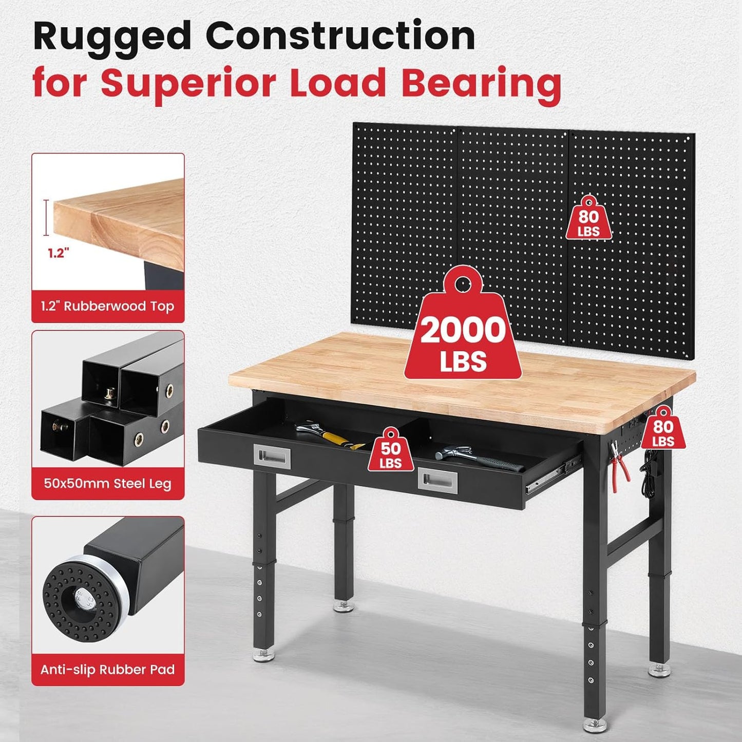 Workbench for Garage with Drawers 48 x 24 Inch Rubberwood Tabletop Work Table with Pegboard, Power Outlets Adjustable Height Work Bench for Woodworking Shop, Home, Office