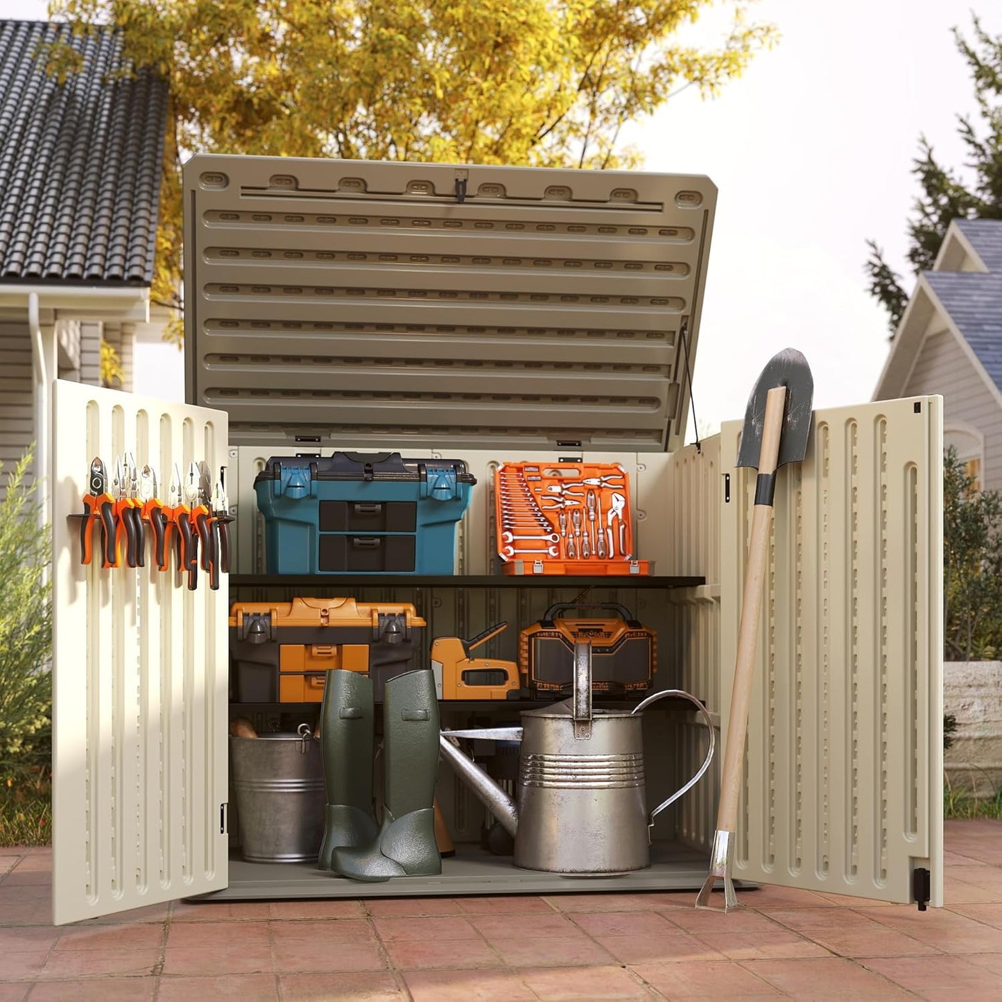 Horizontal Resin Storage Shed, 47 Cuft Garden Tool Sheds & Outdoor Storage, Outdoor Plastic Storage Cabinet Waterproof, 4.5 x 2.8 ft Backyard Outside Lawn Mower Storage Shed, Vanilla