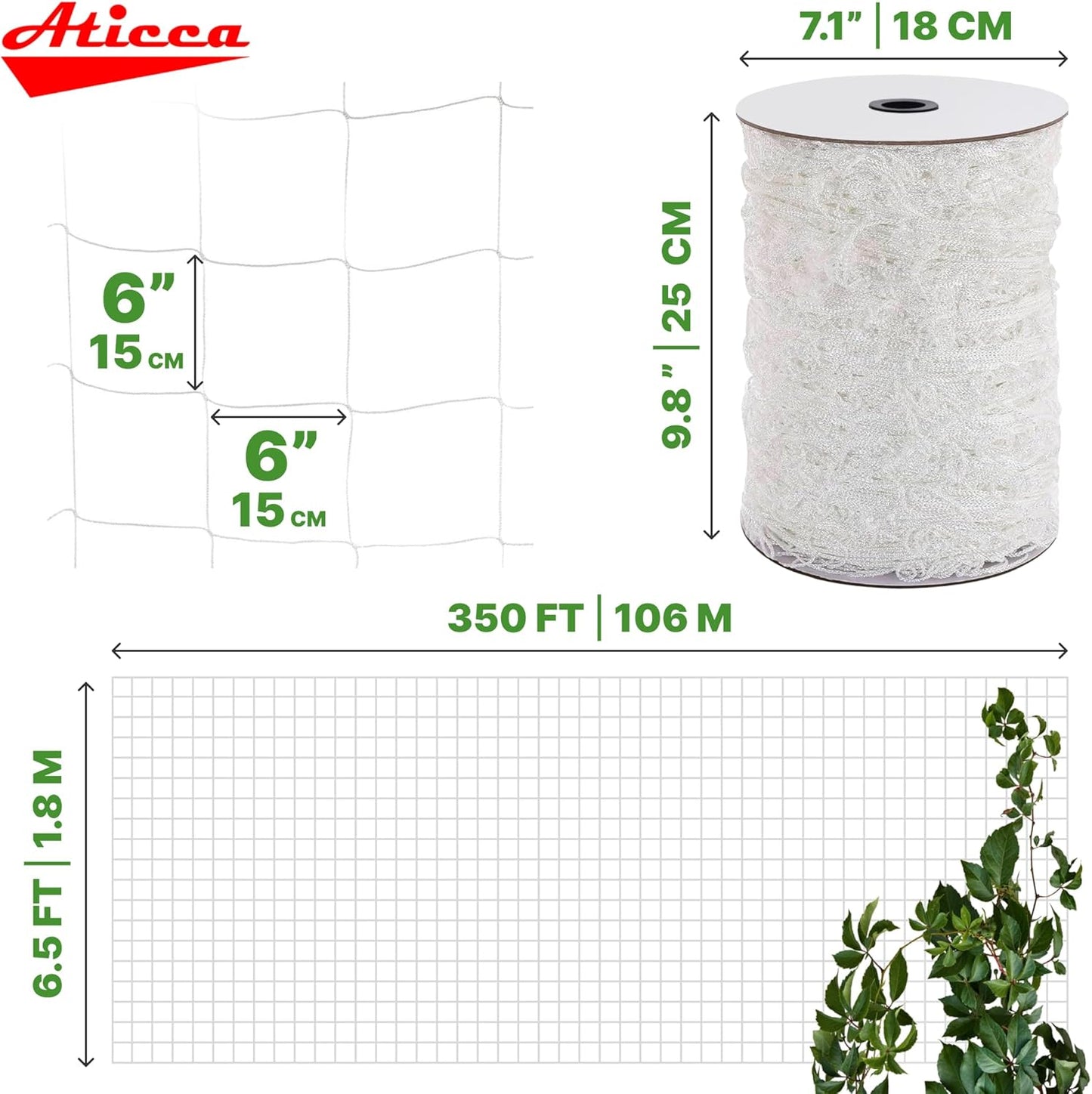 Trellis Netting 6.5 x 350 ft Heavy Duty Polyester Plant Support Netting White - 6 Inch Garden Rope Trellis on Roll - Mesh Twine for Growing Vine Climbing Plants, Flowers, Peas, and Tomatoes.