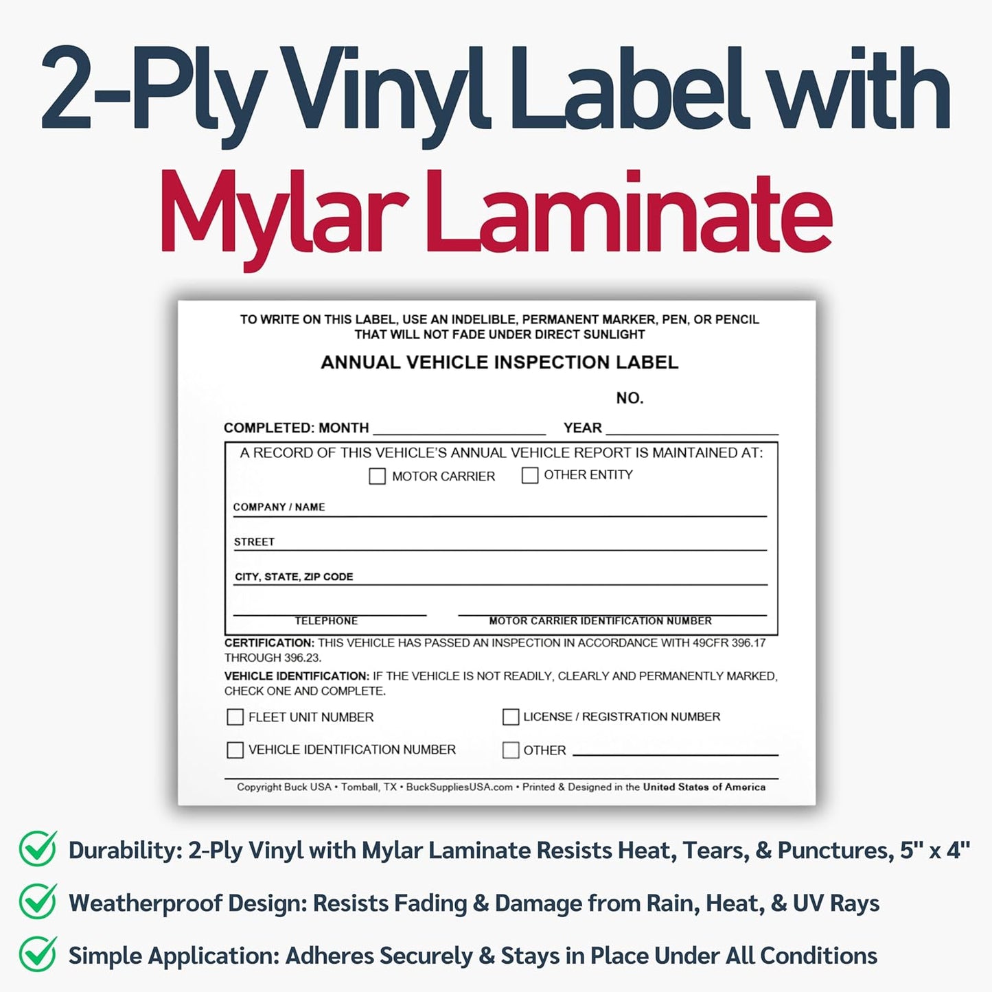 50 Pack 3-Ply Carbonless Annual Vehicle Inspection Report Forms with FMCSA 2-Ply Mylar Laminate Adhesive Vinyl Labels, DOT Inspection Forms and Stickers, Shrink-Wrapped, 8.5" x 11.75" - Made in USA