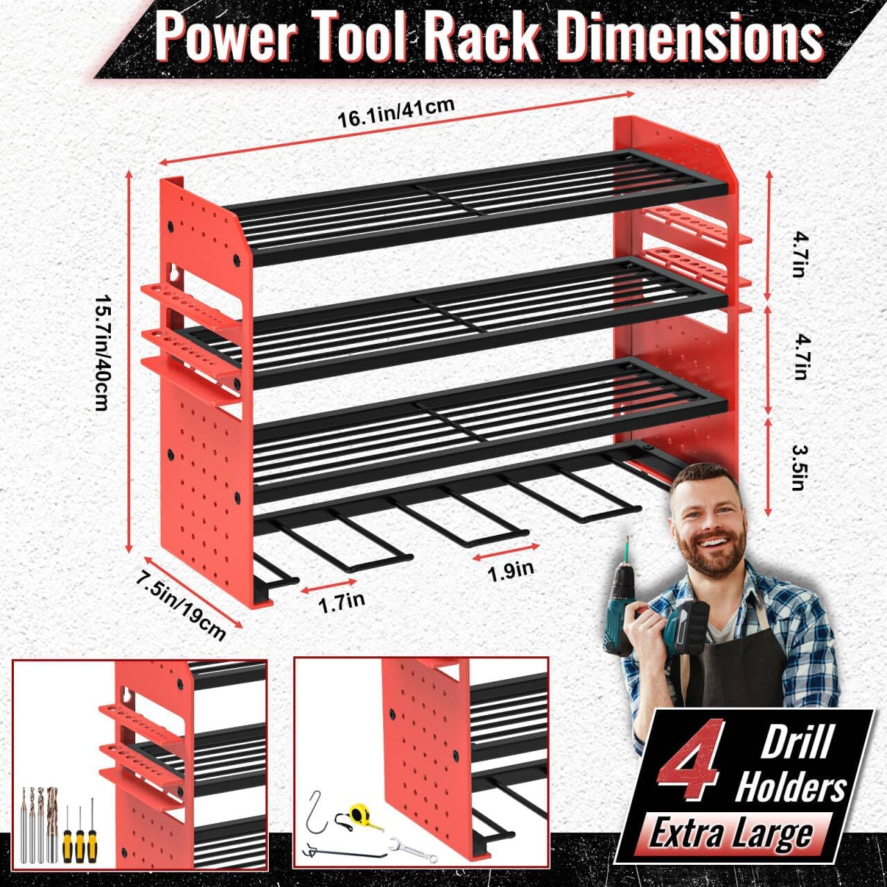 Power Tool Organizer Wall Mount, Red Metal Power Tool Storage Rack with Screwdriver Holder, Garage Tool Storage Shelves with Screwdriver Holder Plier Holder (Red, 4 Drills Holder)