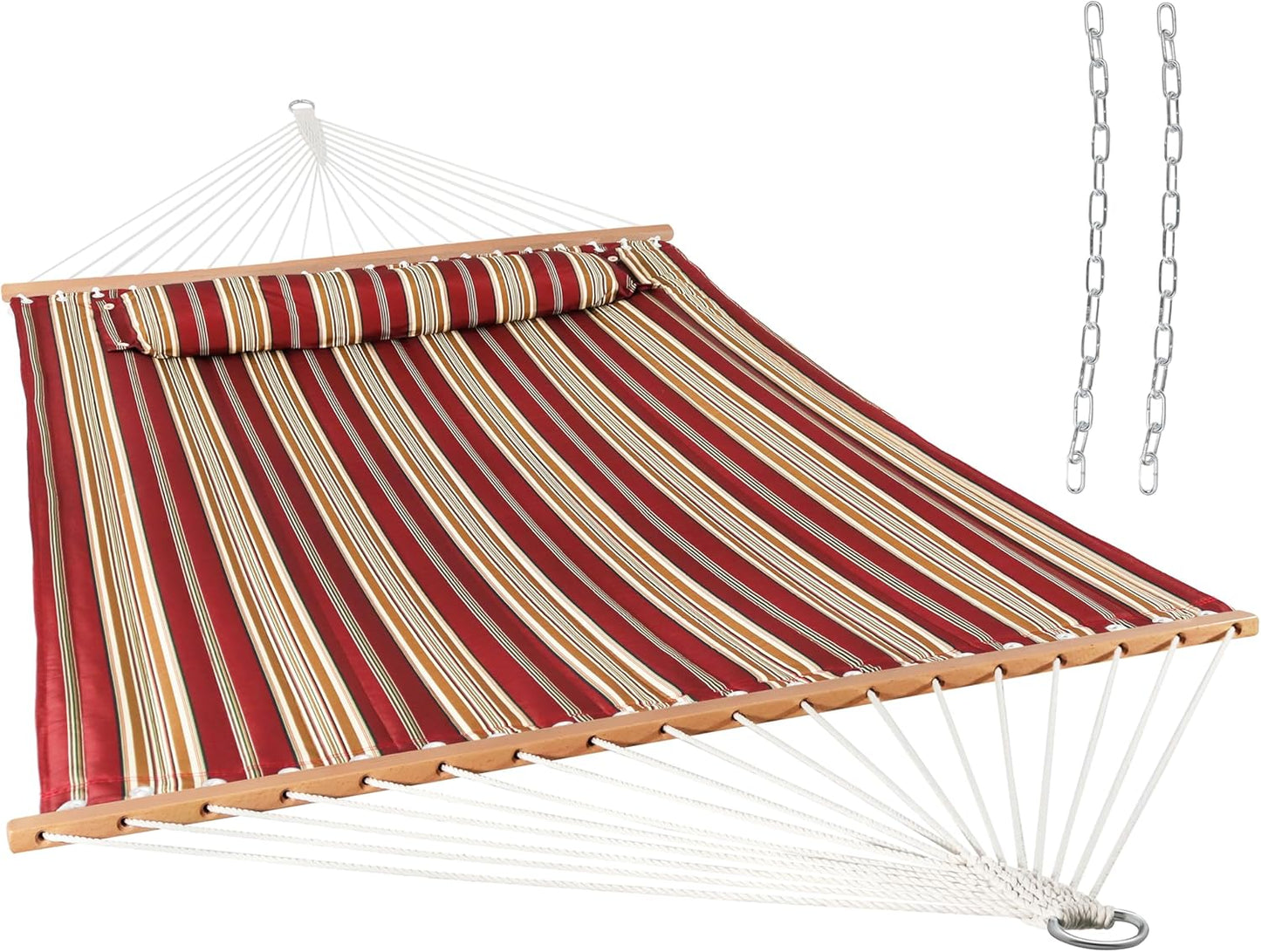 Sunnydaze Quilted Outdoor Hammock with Spreader Bars - Heavy-Duty 450-Pound Capacity Double Hammock for Outside - Red Stripe