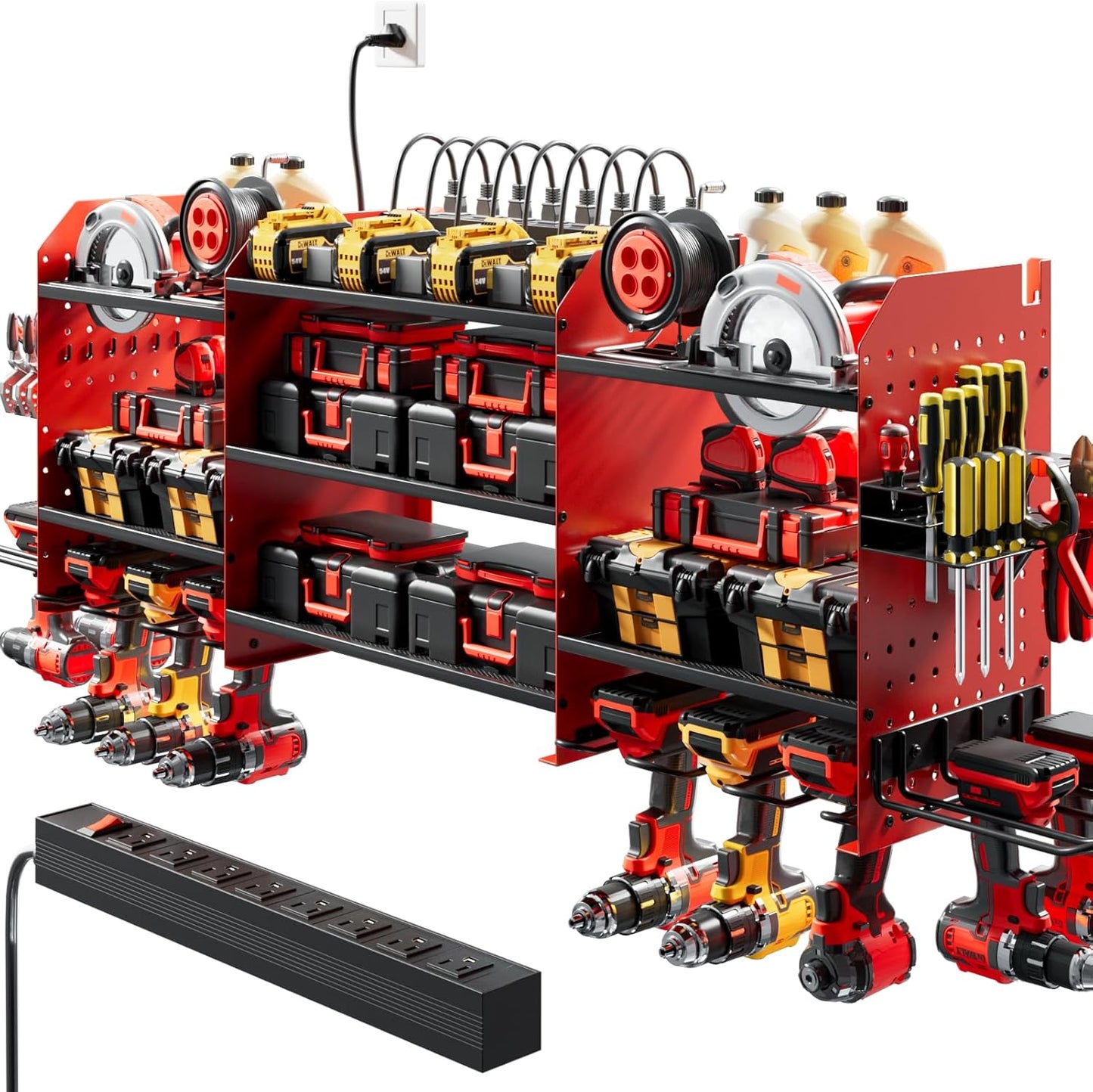 Upgrade Large Power Tool Organizer Wall Mount with Charging Station Tool Storage Rack with 6.5FT Power Strip 10 Drill Holder and Storage Rack for Garage Organization