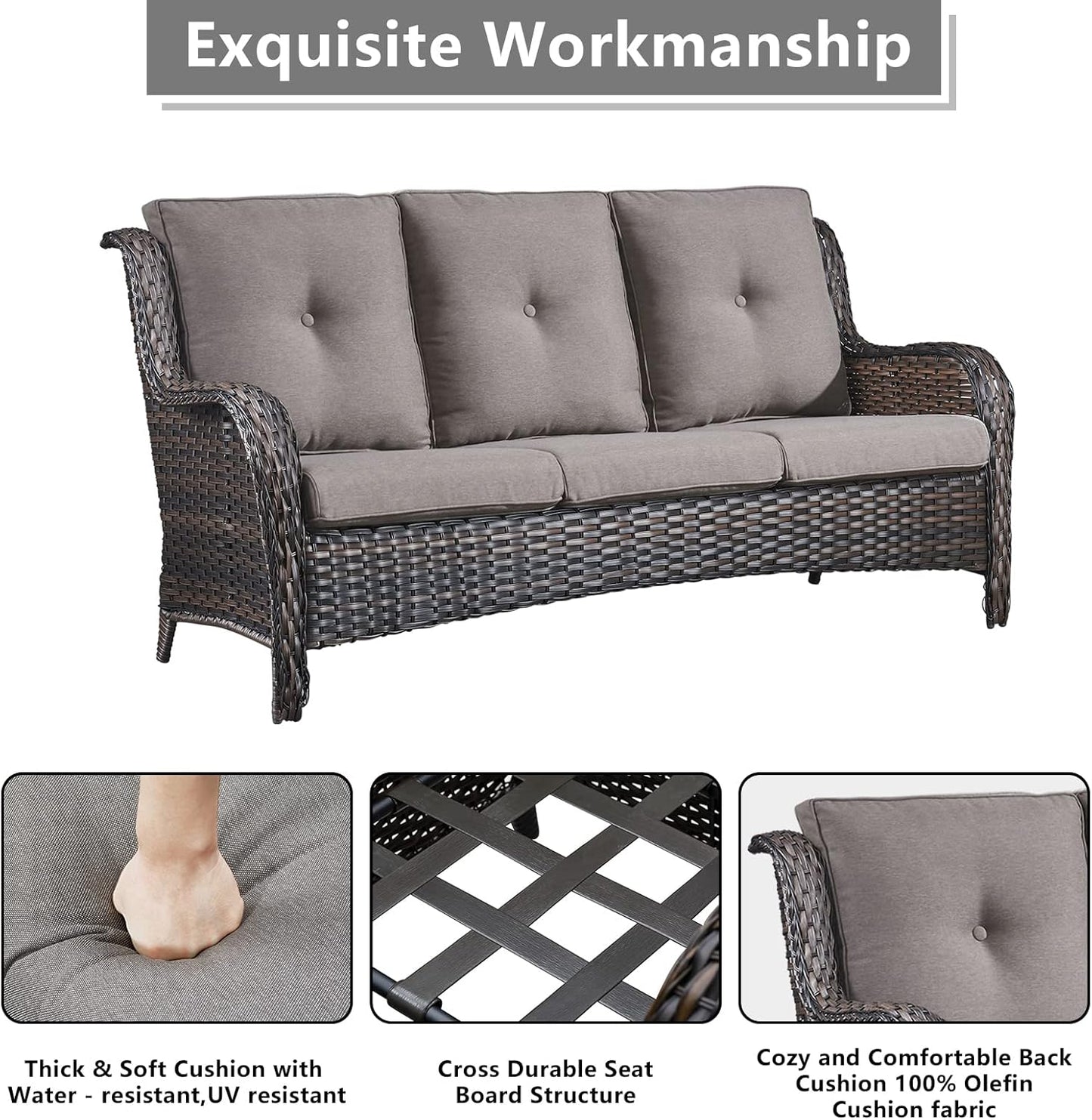 Outdoor Wicker Patio Furniture Set - 5 Piece Rattan Patio Conversation Set with 2 Rocking Swivel Chairs,2 Ottomans and 1 Sofa for Porch Deck Backyard Garden(Brown/Grey)