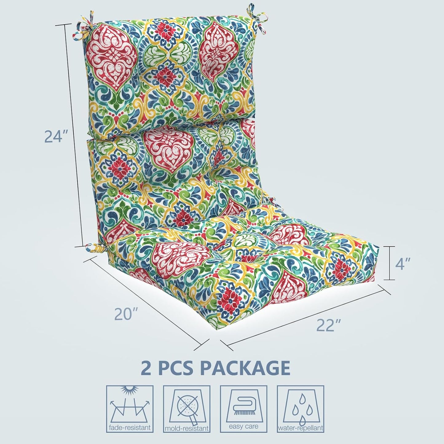 LVTXIII Outdoor Seat/Back Chair Cushion Patio Tufted High Back Cushion, Seasonal Replacement Rocking Chair Cushion with Ties, 22” W x 20D”, Set of 2, Damask Red