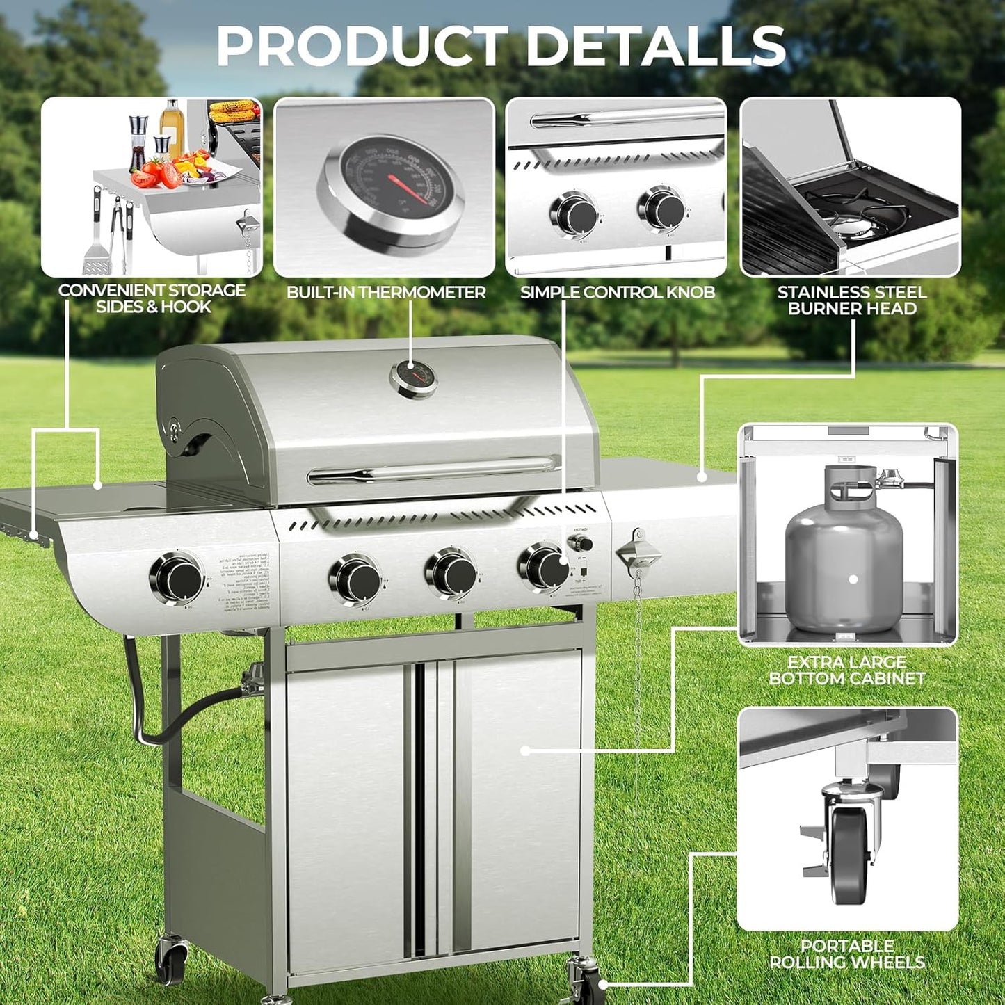 3-Burner Propane Gas Grill with Side Burner – 34,000 BTU Stainless Steel Outdoor BBQ Grill, Cast Iron Grates, Portable with Wheels for Patio, Camping