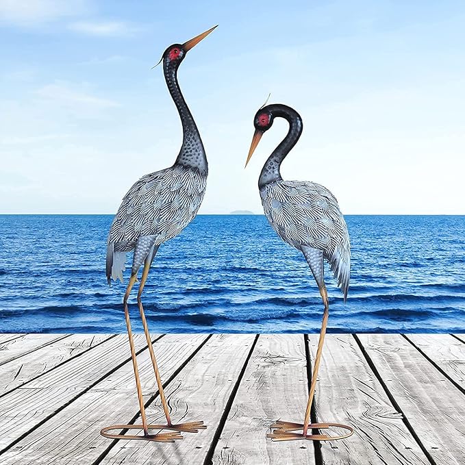 Crane Statue Garden Décor, Metal Heron Statue Yard Art for Outdoor Patio Lawn Backyard Pool Front Porch Deocr, Bird Garden Sculpture & Statues, Set of 2, Black and White