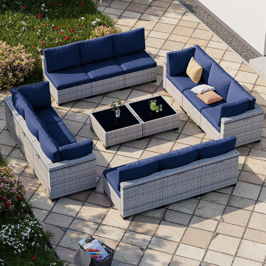 14-Piece Patio Furniture Set, Outdoor Sectional with Thick Cushions, Modular Patio Sofa, Dual-Strand Wicker Rattan, Rust-Resistant Frame, Backyard Furniture for Garden, Deck, Navy Blue