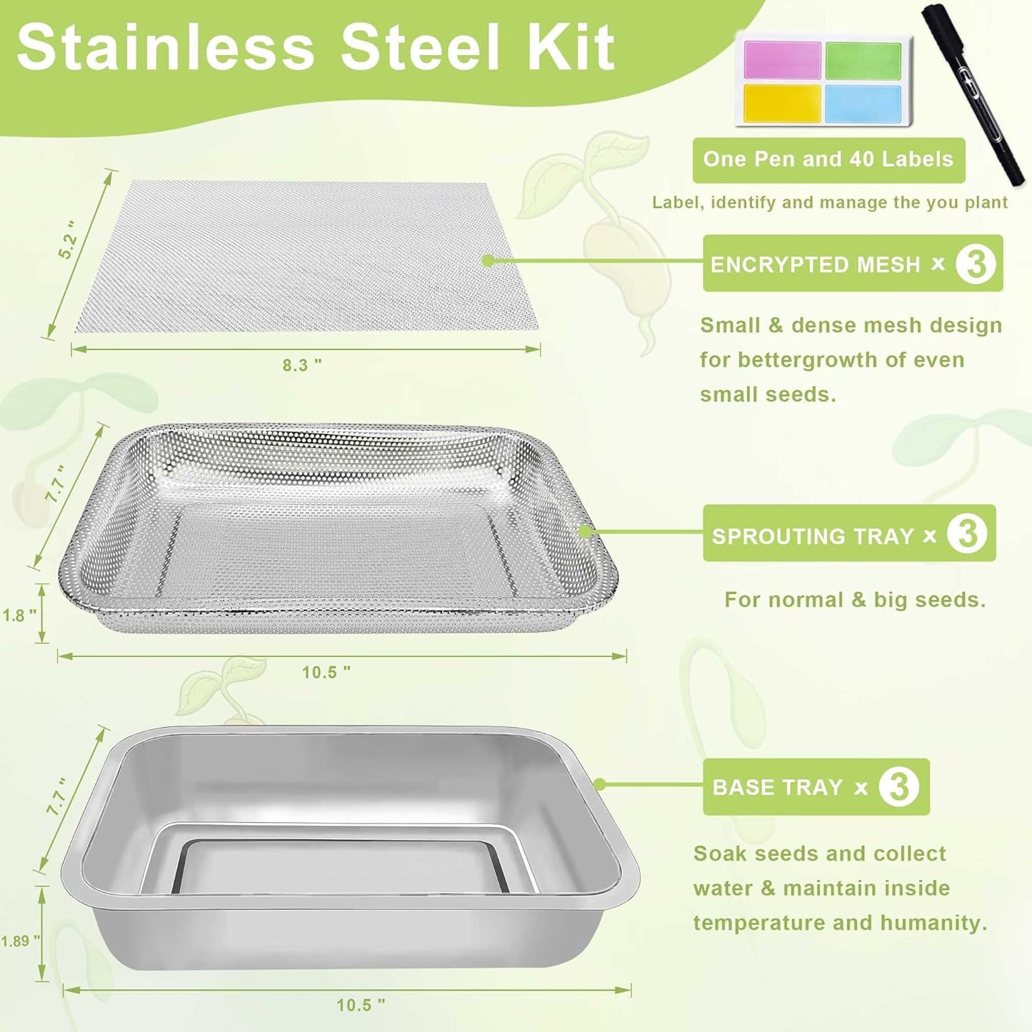 Stainless Steel Sprouts Growing Kit 3-Tier 10.4 inch Trays, Microgreens Growing Kit, Seed Sprouting Tray with Encrypted Mesh Sprouts for Beans Alfalfa Broccoli Wheat Grass