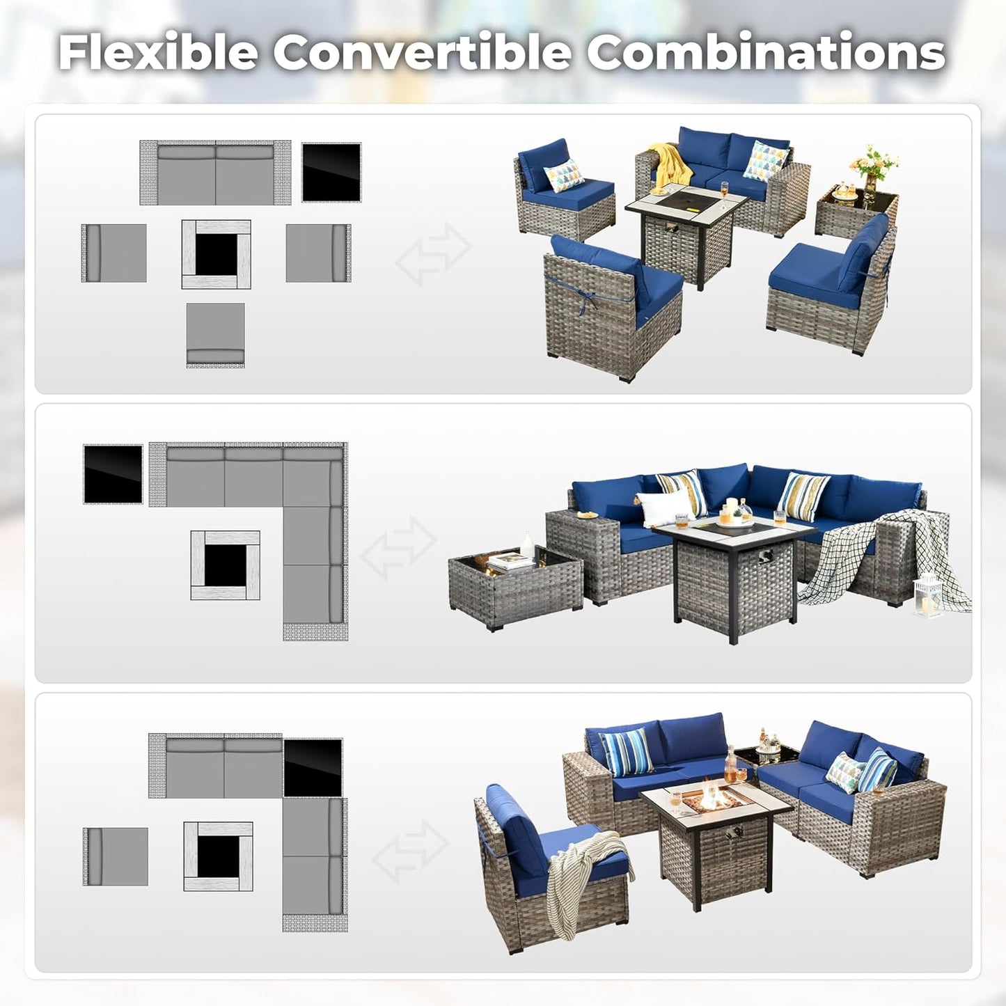 ovios 7 Pieces Patio Furniture Set, Outdoor Wicker Sectional Sofa with 30 Inch Fire Pit Table Comfy Cushions, Modern Modular Deep Seat Rattan Couch Conversation Set, Navy Blue