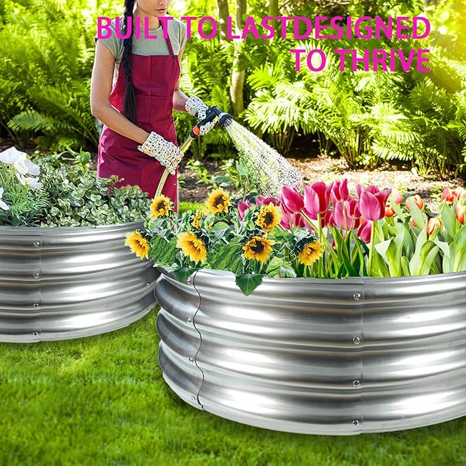 Durable Round Galvanized Steel Raised Garden Bed for Planting,Round Galvanized Steel Fire Ring/Fir Pit 32-Inch for Outdoor,0.8MM Thick (32 ins Diameter x 12 ins high, Silver)