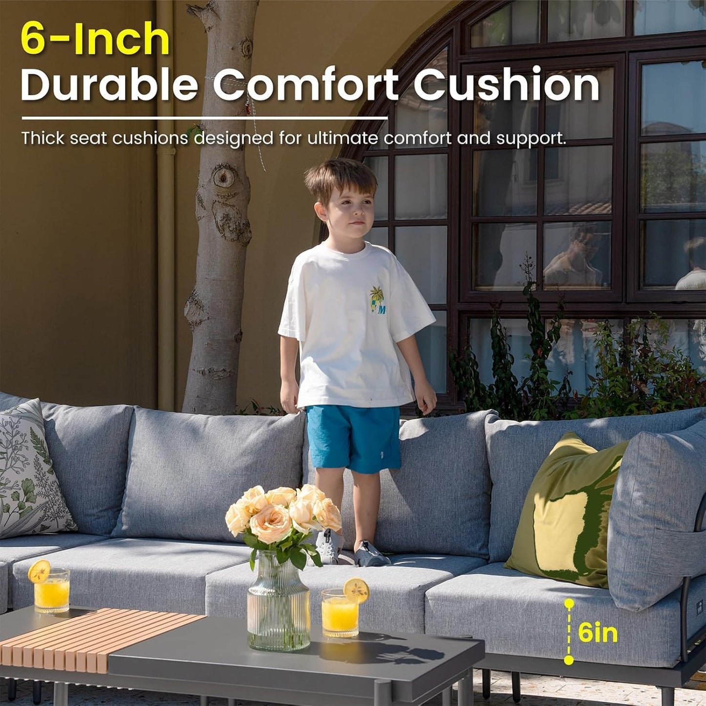 Sundale Outdoor 5 Pieces Metal Patio Furniture Set, Outdoor Sectional Sofa w/6 Inch Olefin Cushion and Coffee Table, Modern Outdoor Conversation Sets