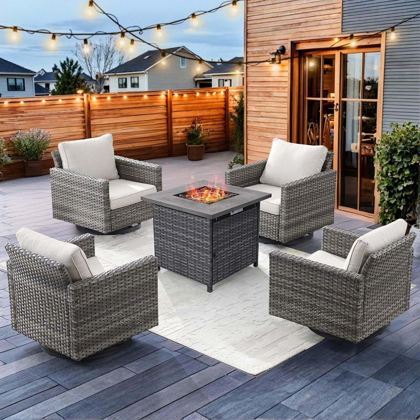 HUMMUH 5 Piece Patio Furniture Set,Wicker Swivel Rocker Patio Chairs Set of 4 with 30'' Fire Pit Table Outdoor Furniture Set for Porch,Garden,Backyard