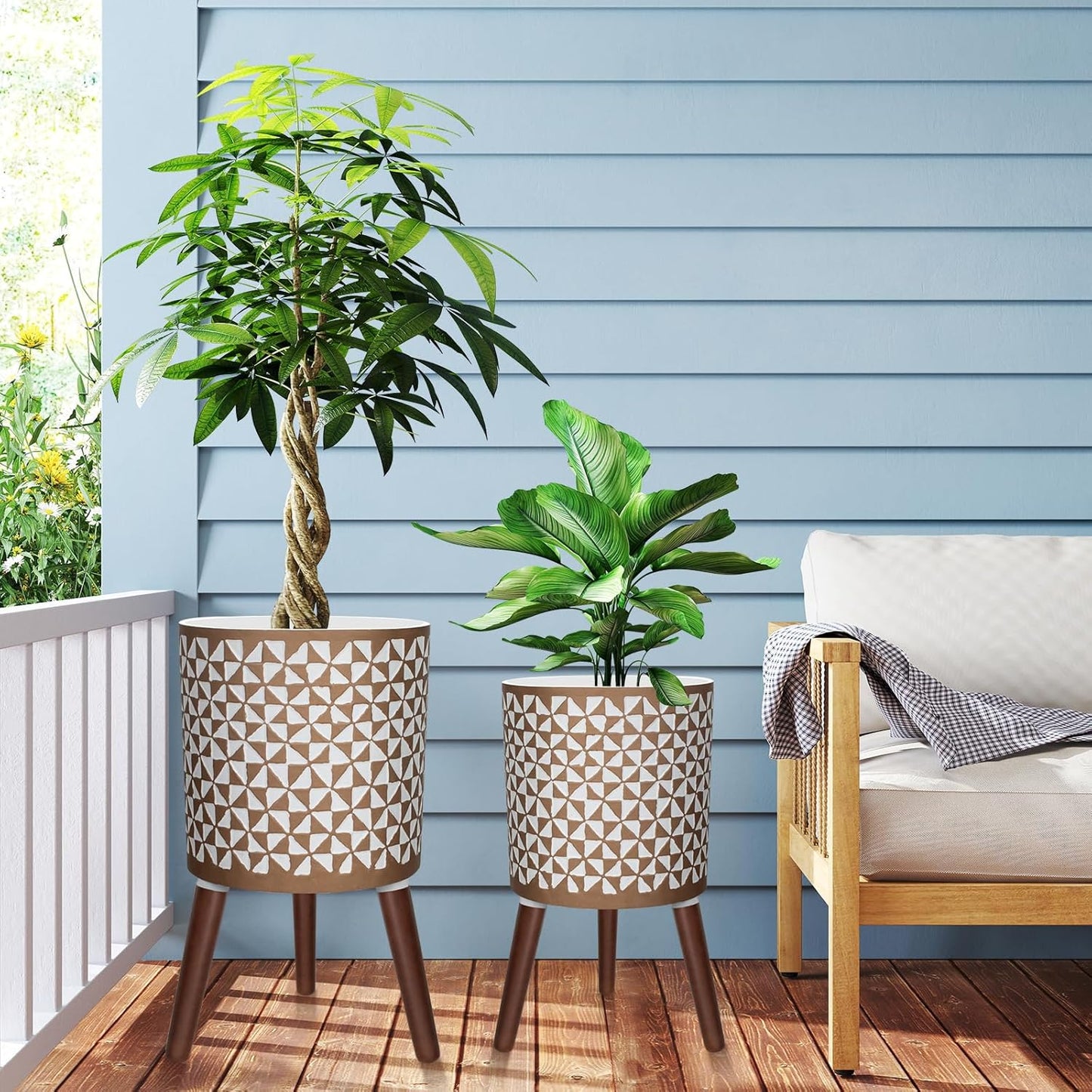 10 & 12 Inches Plant Pot with Stand, Large Modern Standing Planters for Indoor Outdoor Plants with Drainage Holes, Big Gold Floral Embossed Flower Pots with Legs