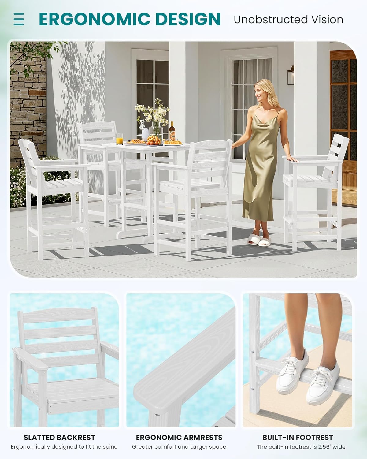 SERWALL 5 Pieces Adirondack Bar Chairs Set, HDPE Adirondack Barstools Chairs with Bar Pub Table, Outdoor Patio Bar Furniture Set for Bistro, Balcony, Poolside, Garden, White