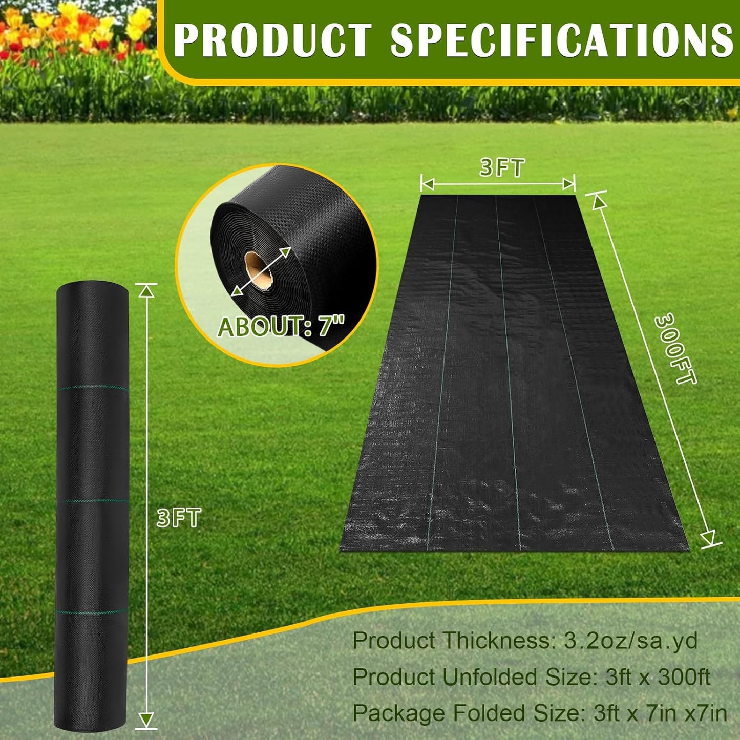 KAKO 3x300FT Weed Barrier Fabric Heavy Duty, Weed Barrier Landscape Fabric, Garden Weed Barrier Fabric, Garden Weed Barrier Fabric Weed Cloth for Garden Fabric, Landscaping Fabric, Driveway Fabric