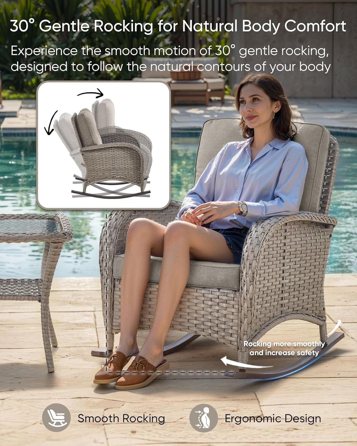 HUMMUH Outdoor Bistro Set-High Back Outdoor Rocking Chair with Side Table Patio Table and Chairs Set for Deck Lawn Porch Balcony Poolside-Grey/Grey