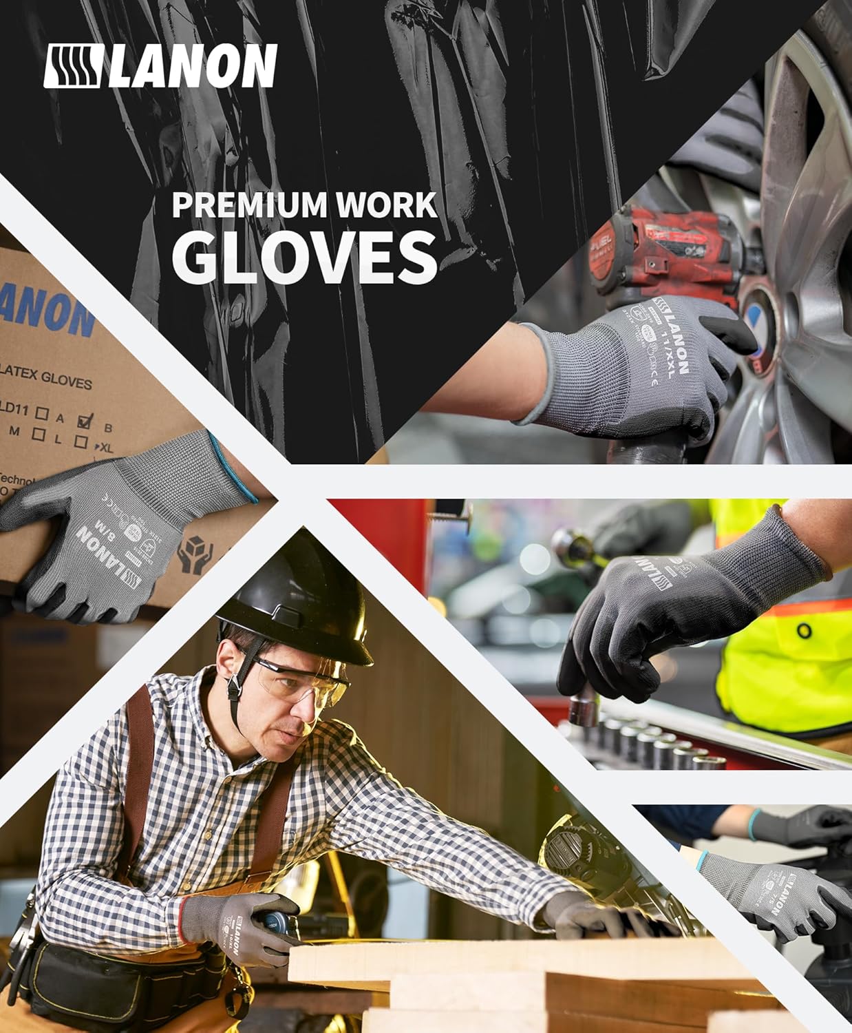 LANON 18 Pairs Safety Work Gloves, Mechanic Working Gloves for Men,Breathable PU Coated, Seamless Knit,Double Wash, Grey, XXL