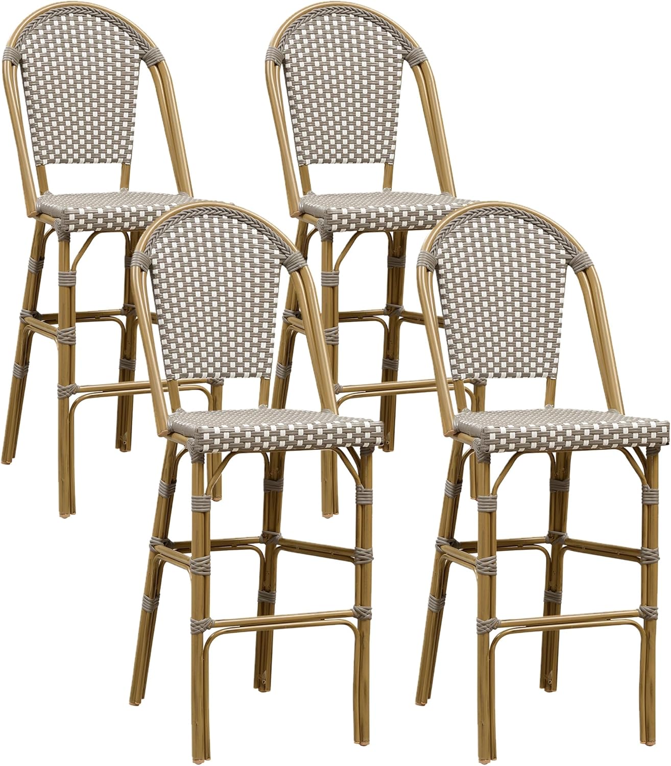 PURPLE LEAF French Bar Stool Set of 4 Bamboo Print Finish Patio Bar Stools with Back Wicker Bar Height Stool 30" with Footrest Kitchen Island Stools Outdoor Barstool Grey