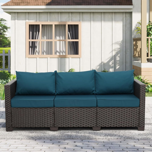 Rattaner Outdoor Furniture Wicker Outdoor Couch Patio Furniture 3-seat Sofa Deep Seat Hight Backrest Waterproof Cover Anti-Slip Cushions, Peacock Blue