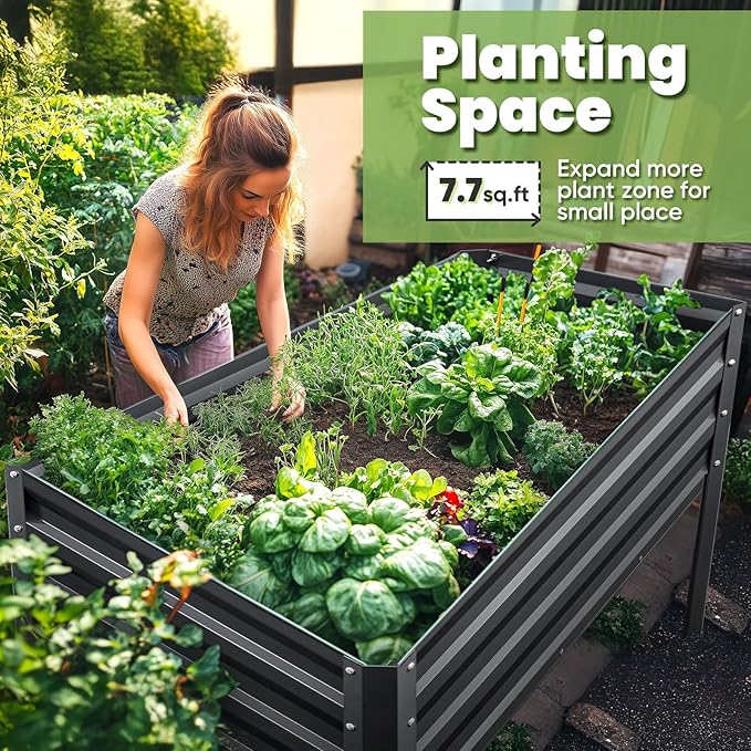 KING BIRD Large Raised Garden Bed with Legs Galvanized Elevated Planter Box 48×24×30 in for Backyard, Patio, Balcony, 400lb Capacity, Dark Grey