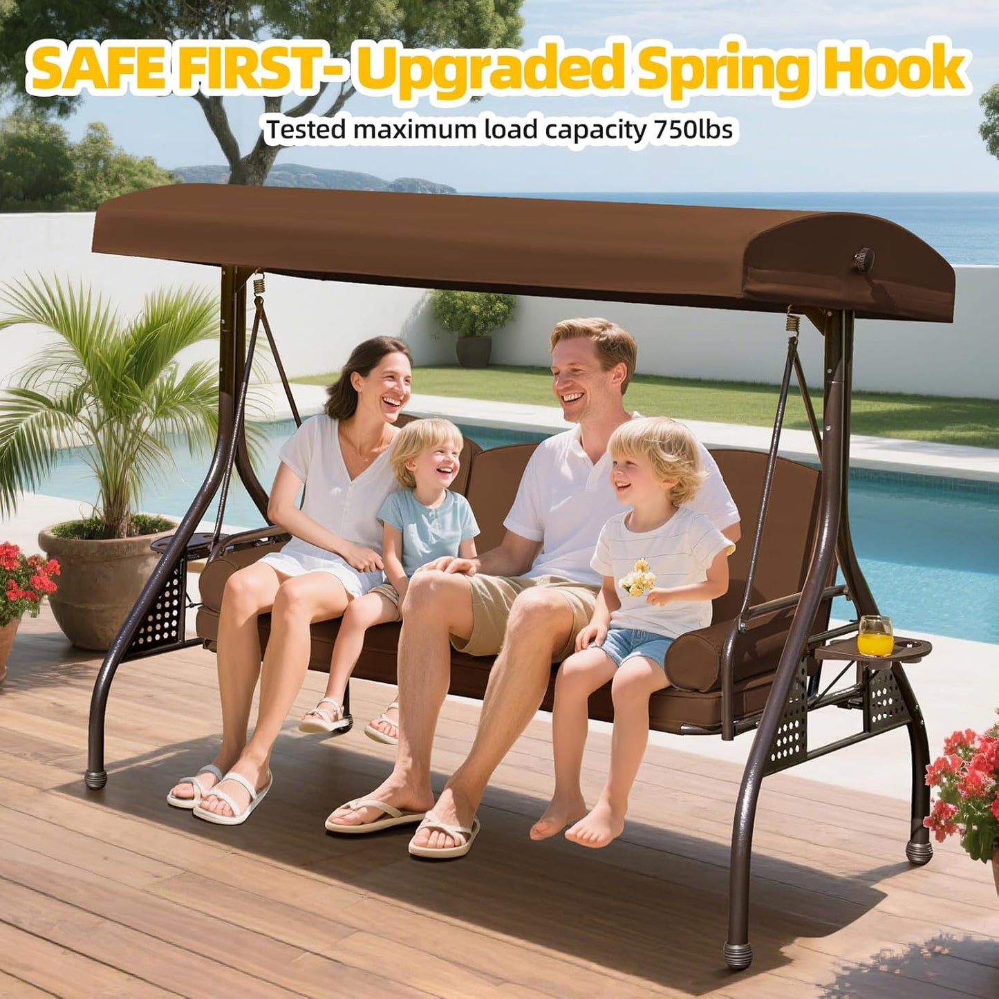 3-seat Patio Swing with Canopy,Convertible Outdoor Swing Bed with Thick Cushions, Pillows & Cup Holders, 3-Seat Outdoor Swings Chair for Backyard, Garden, Deck(Brown)