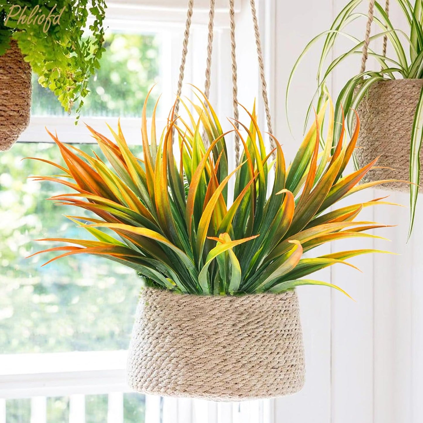 6Pcs Artificial Grass Fake Plants 17.3in Outdoor Plastic Plants UV Resistant Greenery Fake Grass for Home Window Garden Office Patio Hanging Planter Pathway Front Porch Décor Orange Yellow