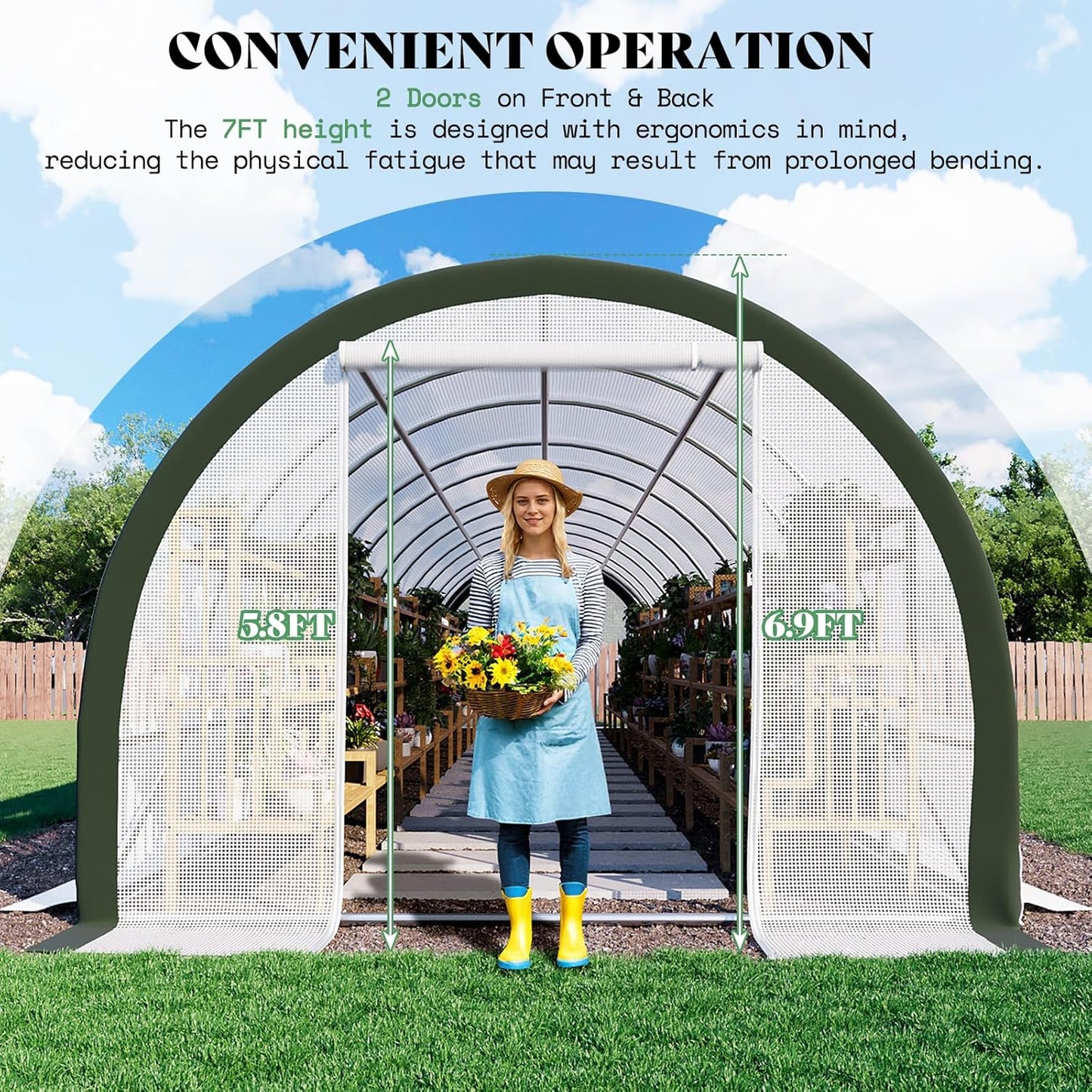 AMERLIFE 36x10x7 FT Large Walk-in Tunnel Greenhouses for Outdoors with Watering System 2 Zipper Doors, Heavy Duty Greenhouse Upgraded Galvanized Steel Frame 12 Windows, Green/White