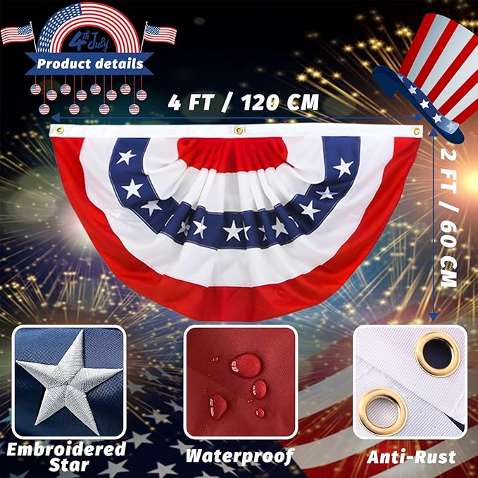Americana Bunting Flags Outdoor 2x4 Ft,Pleated Fan Flag with Embroidered Stars,Red White and Blue Decorations for 4th of July Independence Day Memorial Day Patriotic Decorations (Set of 5)