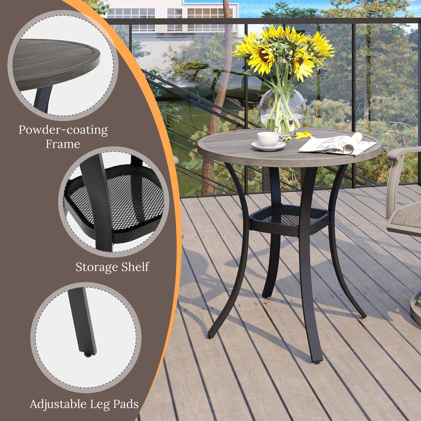 VICLLAX 27.5" Outdoor Round Patio Table for Lawn Garden, All Weather Metal Round Patio Dining Table with Storage Shelf, 2 Person Small Patio Table, Grey Wood-Like Tabletop