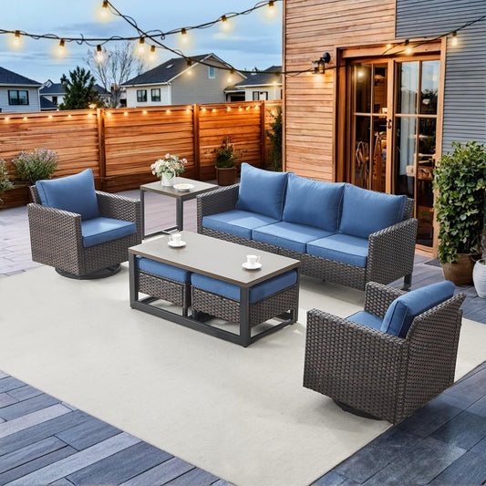 HUMMUH 7 Piece Patio Furniture Set Outdoor Sectional Sofa,High Back Patio Swivel Rocker Chairs with Ottomans Coffee Table for Porch,Garden,Backyard(Brown/Blue)