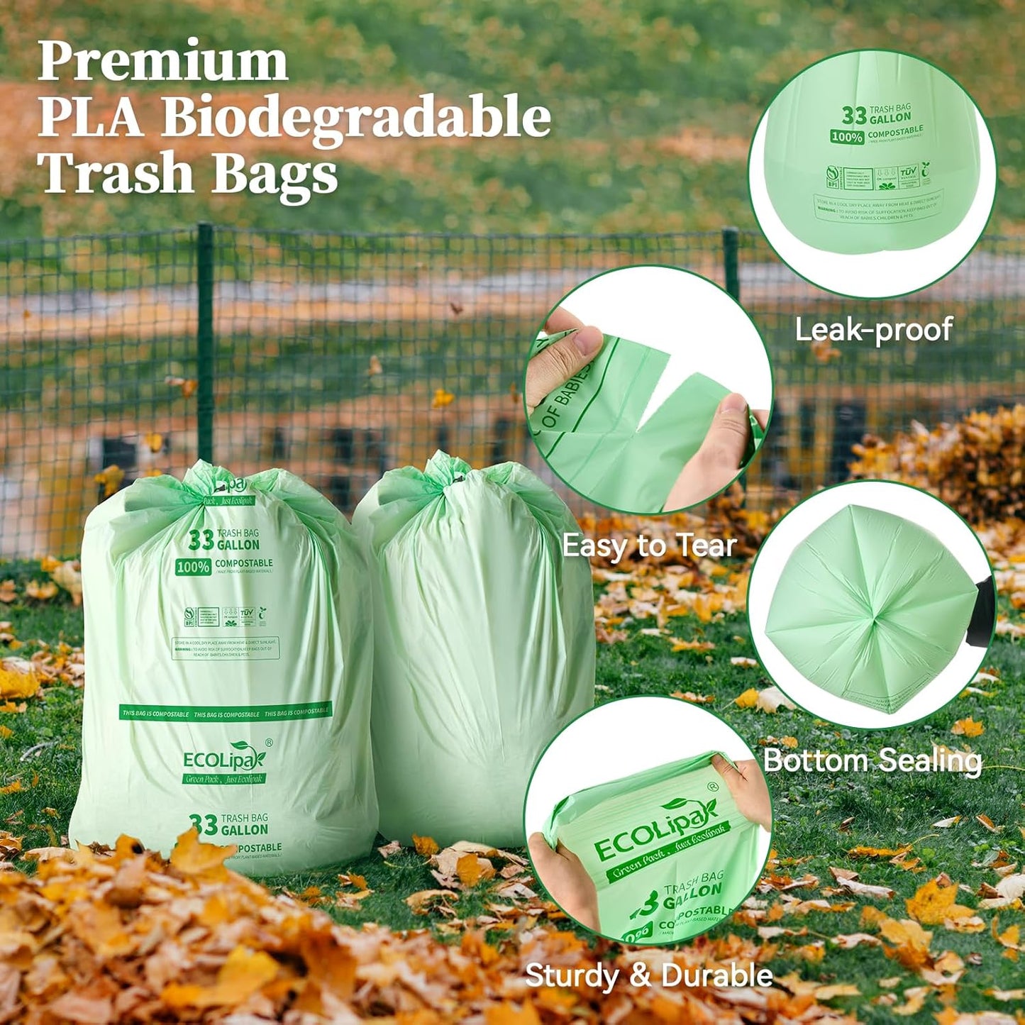 ECOLipak 33 Gallon Compostable Trash Garbage Bags, 25 Count (1 Roll) Biodegradable Heavy Duty Large Outdoor Trash Bags for Lawn/Yard, US BPI ASTM D6400 and OK Compost Home Certified