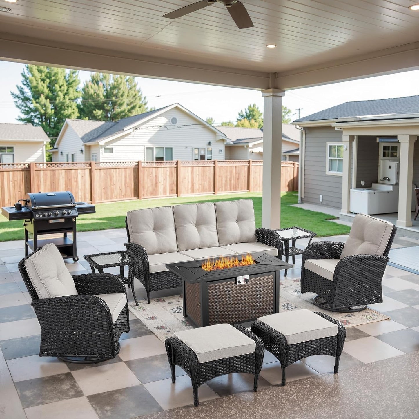 8 Piece Patio Furniture Set with 50000 BTU Propane Fire Pit Table, Outdoor Conversation Set with 2 Swivel Rocker Chairs Wicker Sofa and Ottomans for Casual Gatherings Black