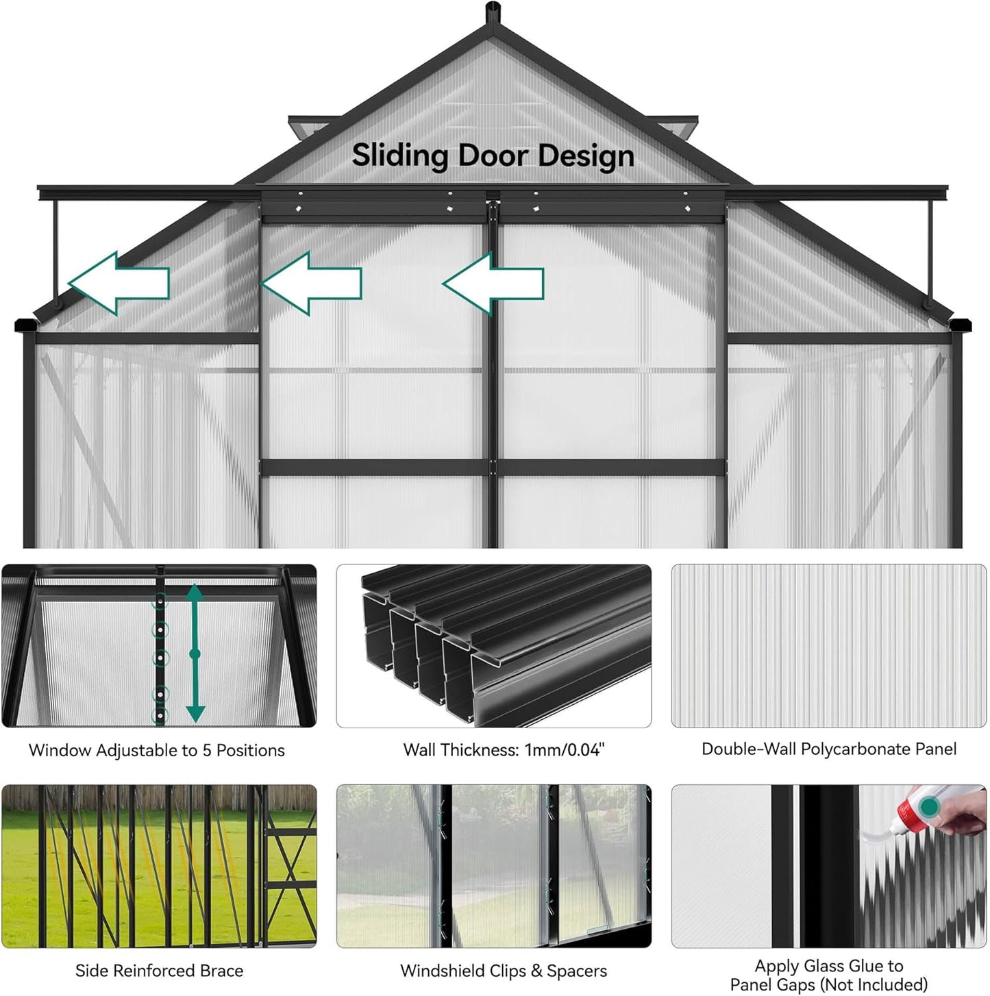 YITAHOME 10x8FT Polycarbonate Greenhouse Large Heavy Duty Green Houses Outdoor Aluminum Greenhouses with Sliding Doors Vent Window Walk-in Greenhouse for Garden Backyard, Black