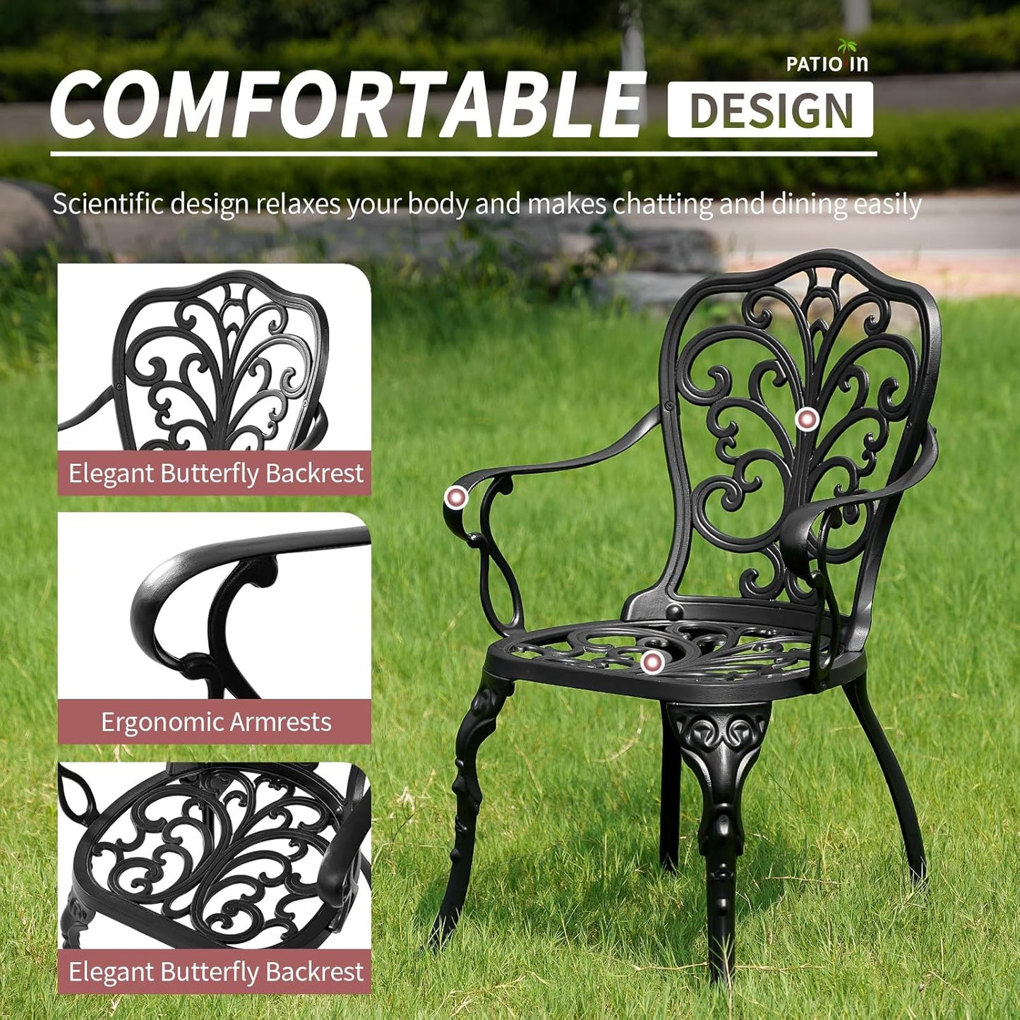 Outdoor Bistro Table and Chairs Set of 2, Outdoor Bistro Set 3 Piece with Umbrella Hole, Black Patio Bistro Sets Cast Aluminum for Balcony Porch Yard
