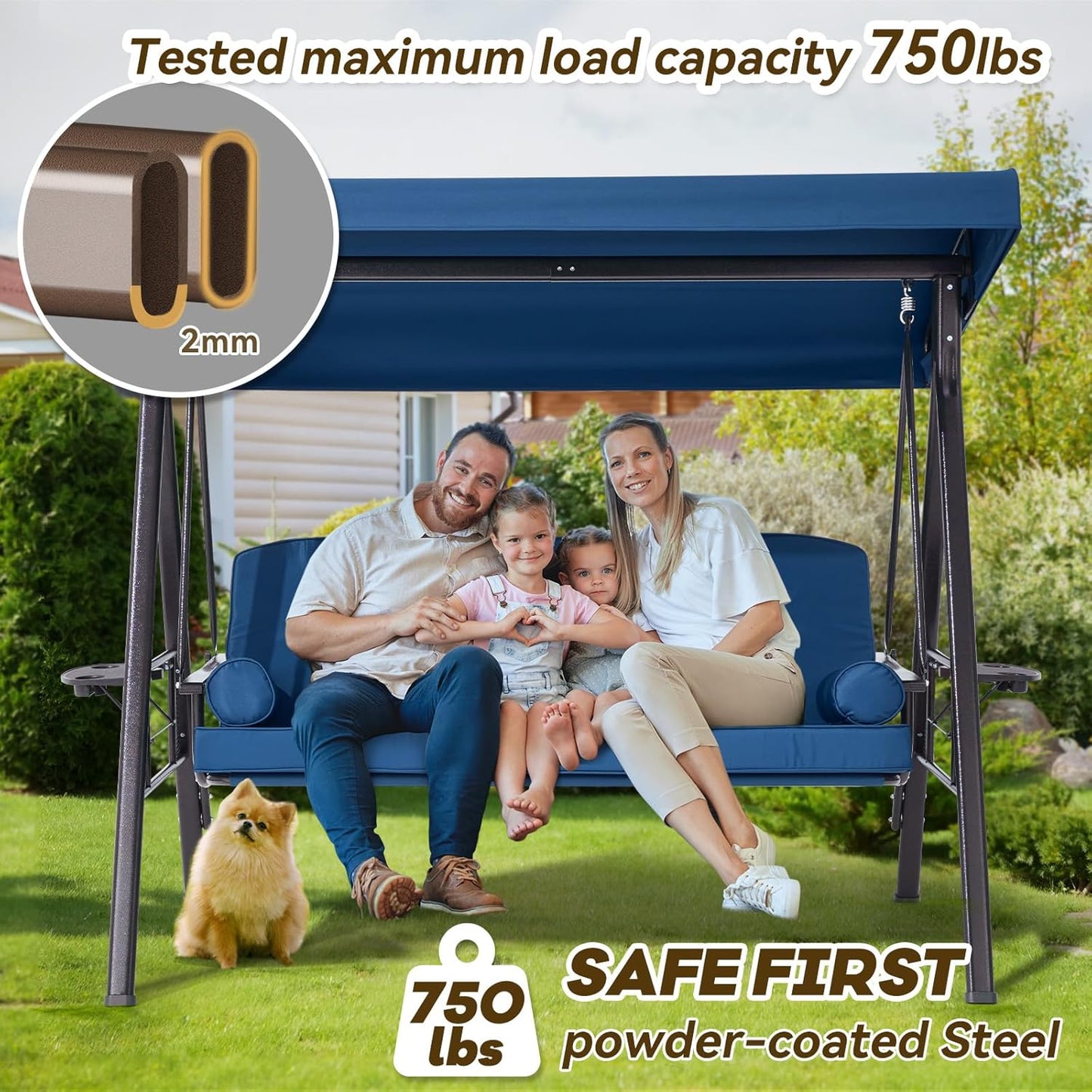 3 in 1 Outdoor Porch Swing with Adjustable Canopy, 3 Seat Outdoor Swing for Adults, Patio Swing Chair with Thickened Cushions,Pillows & Cup Holders for Backyard, Porch, Garden (Blue)