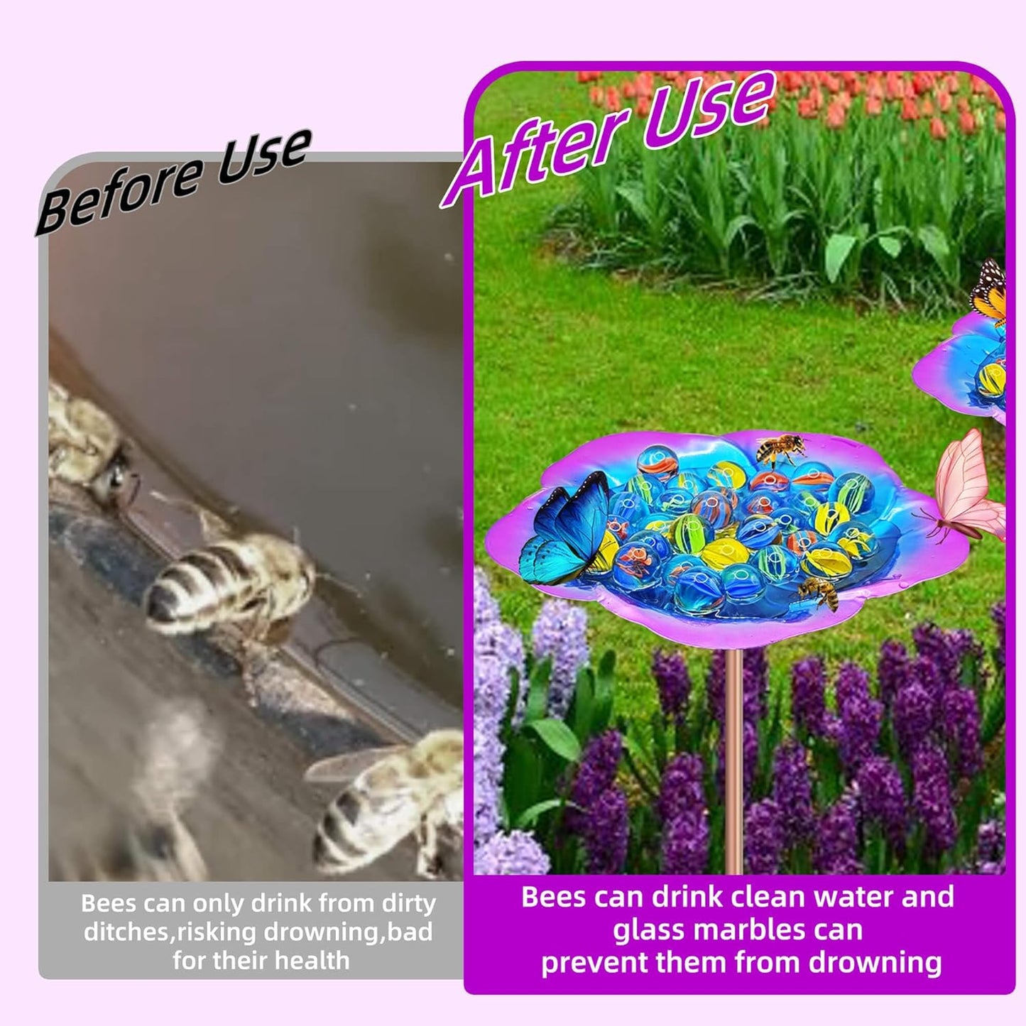 Bee Watering Station-Purple Butterfly Puddler Bee Bath & Feeder with Metal Stakes - 30 Glass Marbles, Vivid Flower Design, Garden Yard Decor (Purple-2PACK)