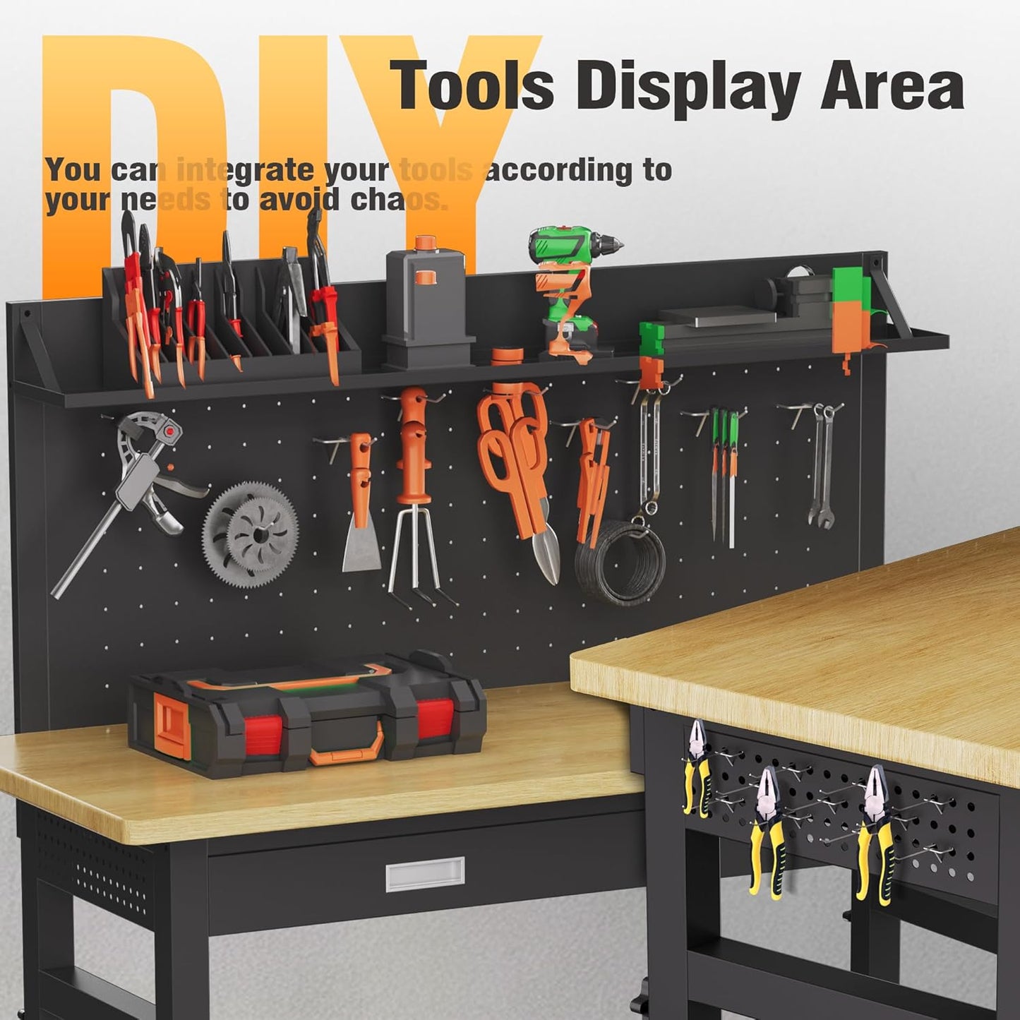 TITIMO 60" Adjustable Workbench with Drawers, Work Benches for Garage with Pegboard, 2000 LBS Heavy Duty Rubber Wood Tabletop with Power Outlet, Rolling Work Table with Wheels for Workshop, Office