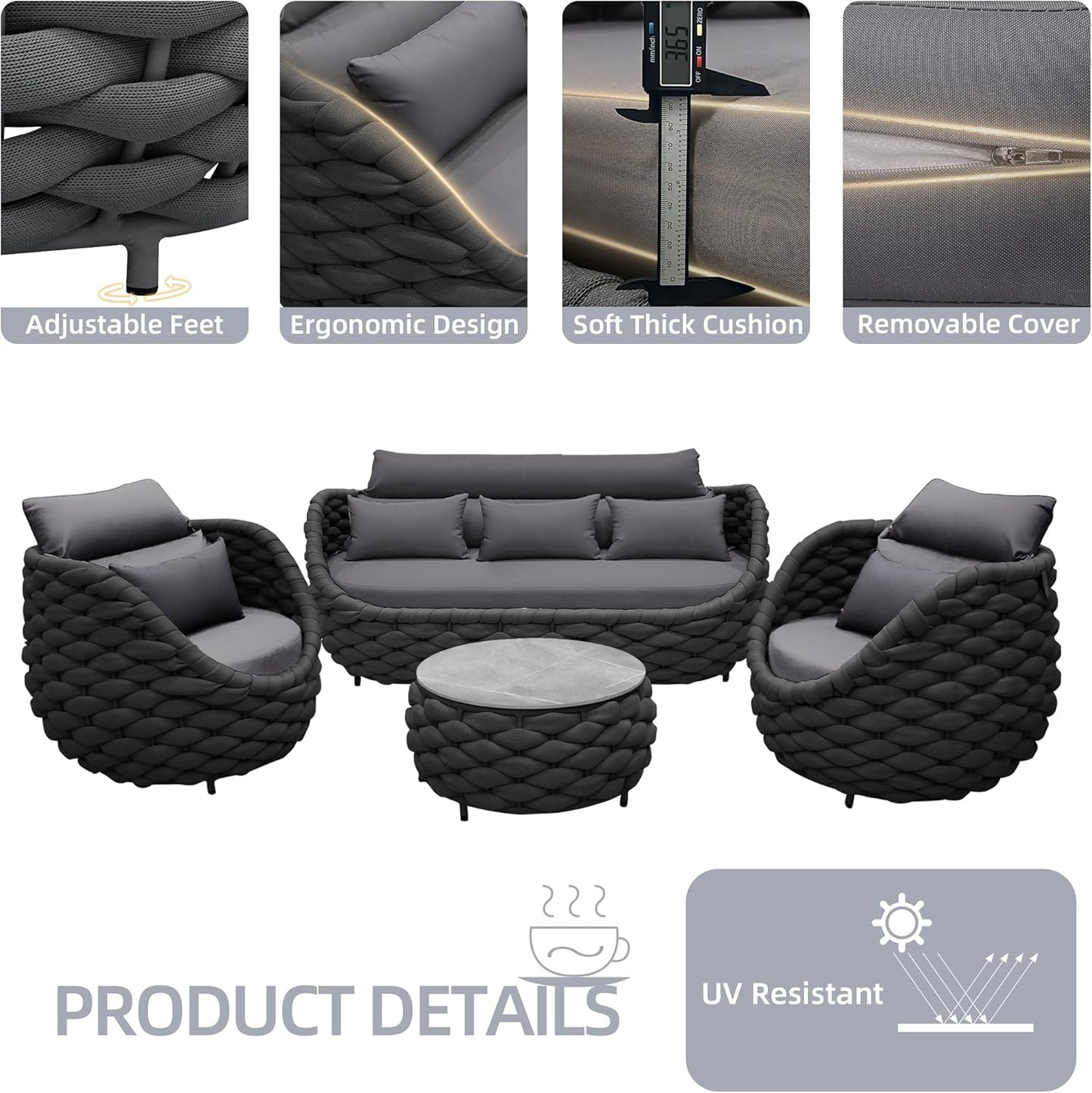 TWT Outdoor Patio Furniture Set, 5 Pieces Aluminum Sectional Sofa, Metal Patio Conversation Set with Threeseat & Armchair, Cushion and Coffee Table, Dark Grey