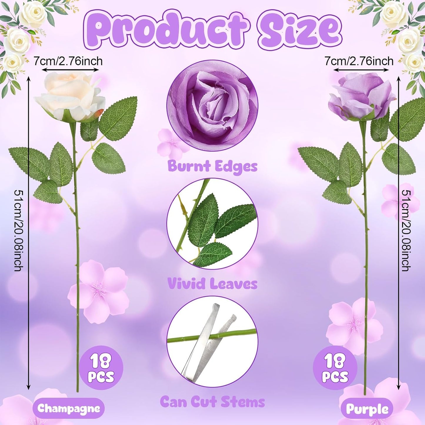 36 Pcs Purple, Champagne Artificial Roses with Long Stems, Purple Fake Silk Rose Artificial Flowers Bulk for Bridal Wedding Bouquet Centerpiece Ball Arrangement Party Decor