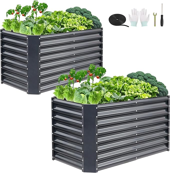 4x2x2ft (2 Pack) Raised Garden Bed - Galvanized Deep Root Planter Boxes Outdoor with Wing Nuts and Safety Edges for Gardening Vegetables, Flowers, Herbs, Succulents - Gray