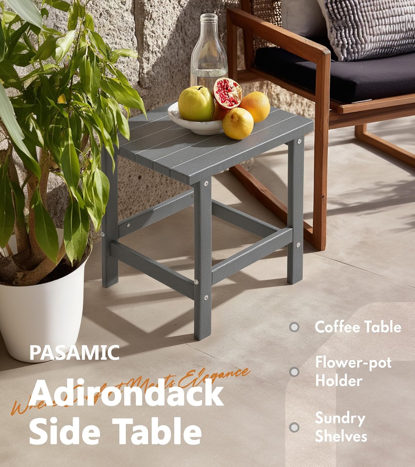 PASAMIC Adirondack Square Side Table, HDPE Outdoor Side Tables, Weather Resistant End Table for Patio, Backyard, Pool, Indoor Companion, Beach, Easy Maintenance (Grey)