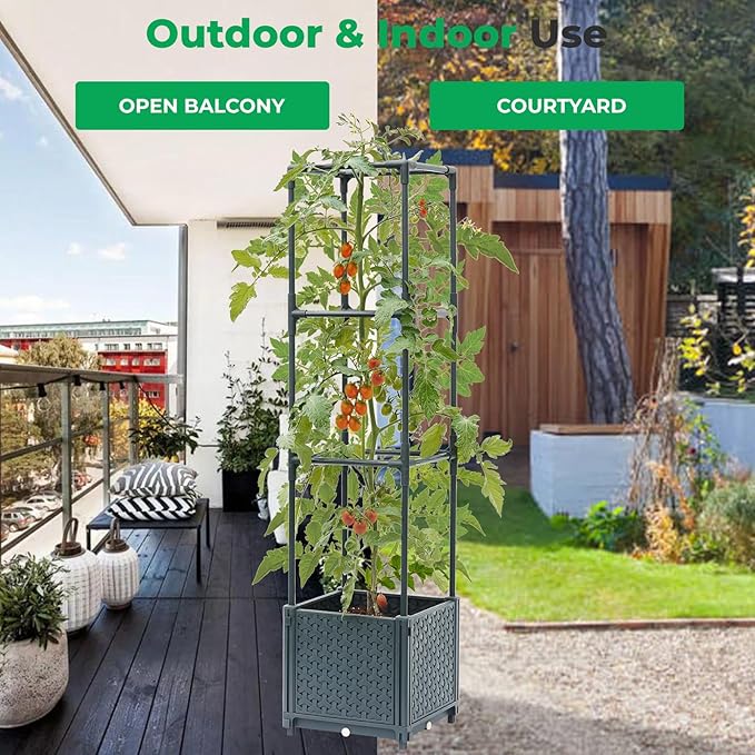 Raised Garden Bed with Tomato Planter Cage, Trellis Planter Boxes for Outdoor Patio Greenhouse Gardening Climbing Vegetables