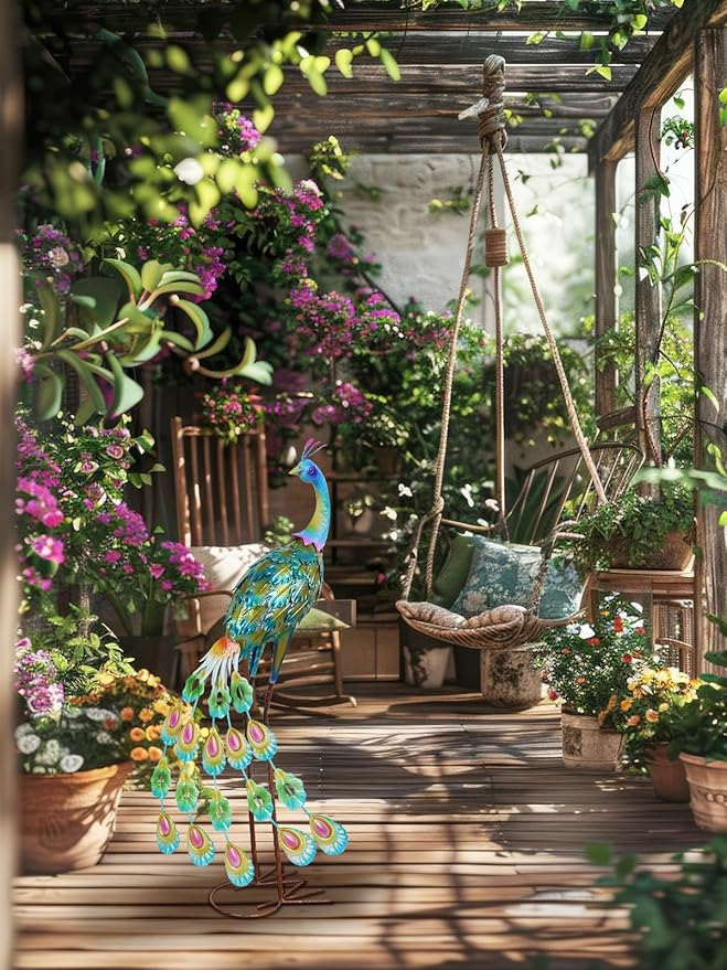 YEAHOME Garden Decor Outdoor Statues, 34" Large Metal Peacock Standing Yard Art, Blue Green Bird Lawn Sculptures Garden Decor for Outside Patio Porch Backyard