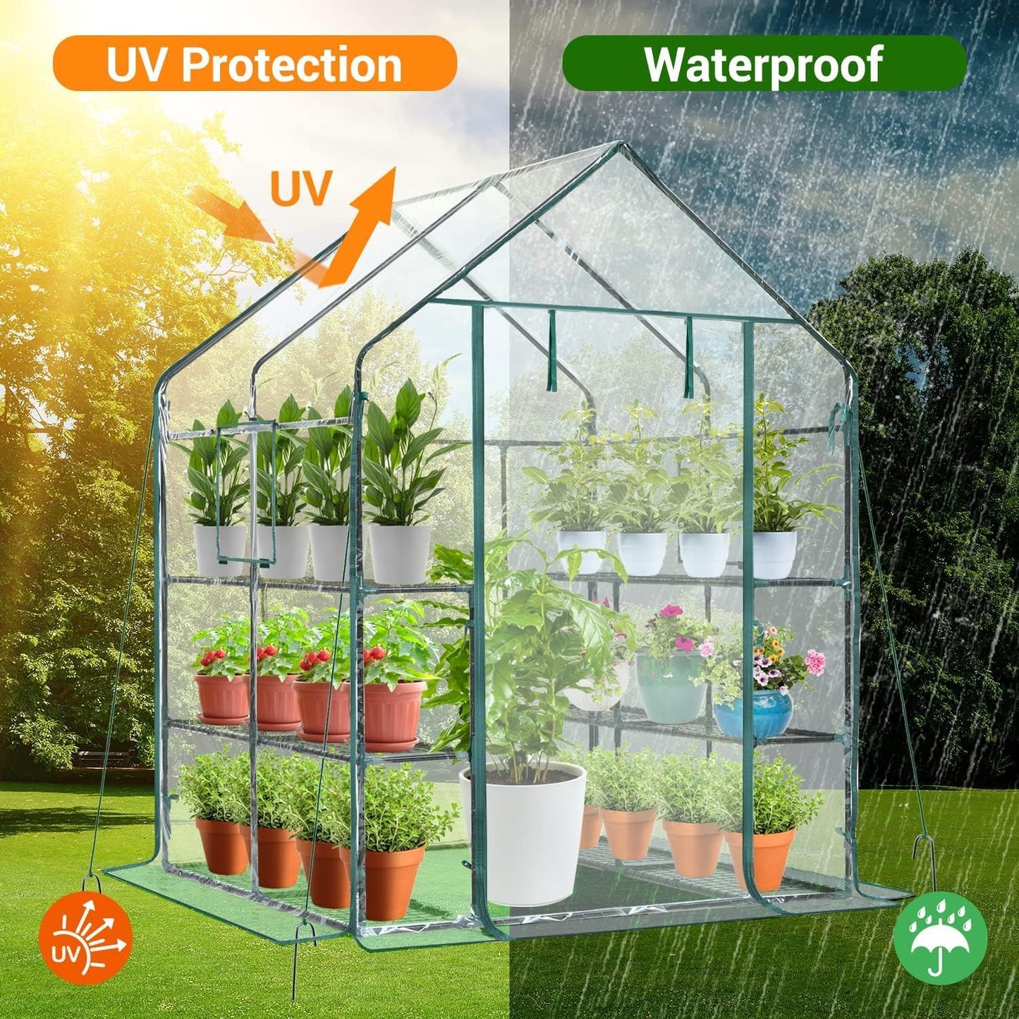 Ohuhu Plastic Greenhouse for Outdoors: Portable Walk in Plant Green House with Improved Transparent PVC Cover, 3 Tiers 12 Shelves Stands Small Greenhouses Backyard Green Houses for Outside Heavy Duty