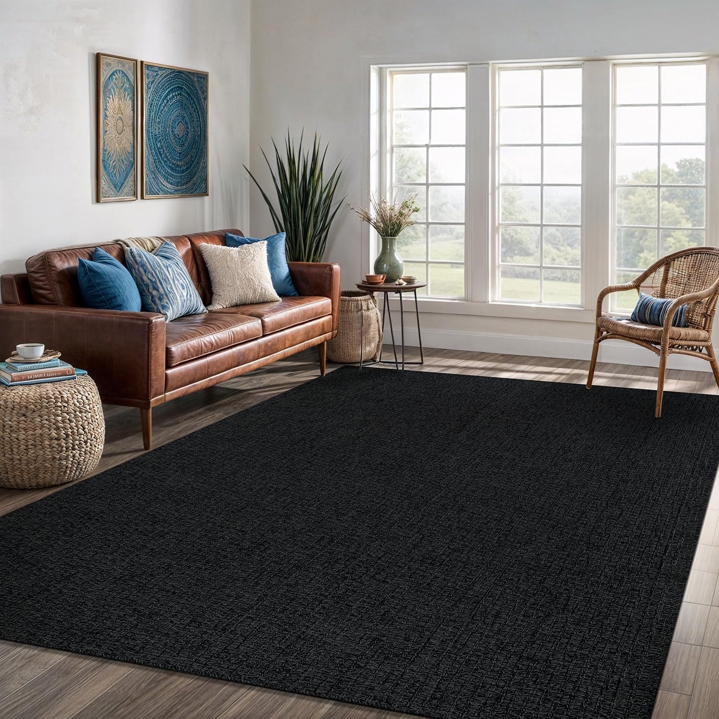 Easy Jute Rug 8x10 Indoor Outdoor Natural Rugs Solid Fiber Rug Woven Area Rug Boho Easy Clean Inside Carpet for Living Room Bedroom Dining Room Hallway or Outdoor Patio Porch (8 X 10 Dark Grey)