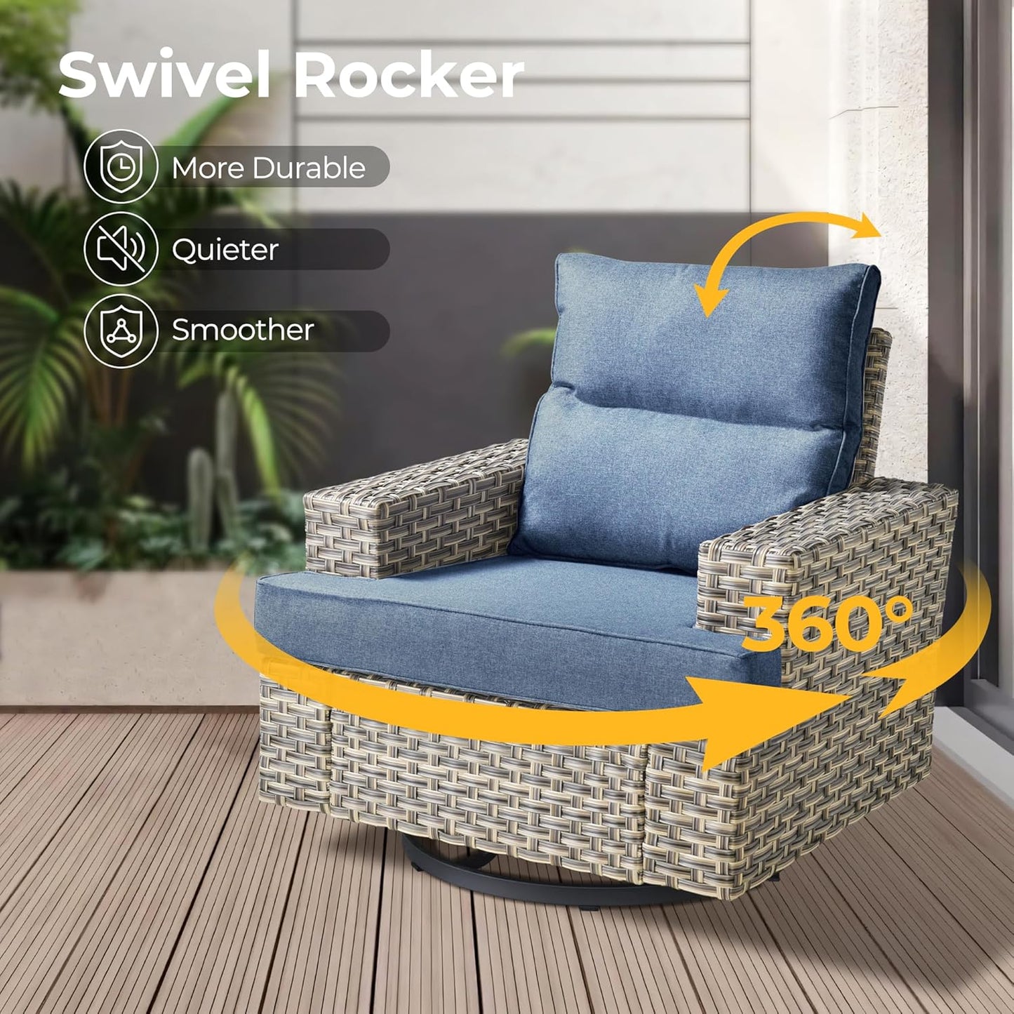 HOOOWOOO Outdoor Sectional Patio Furniture Set with Fire Pit Table,10 Pieces Wicker Conversation Sets L Shaped Couch,Extra Deep Out Door Sofa Outside Furniture with Swivel Chairs,Denim Blue