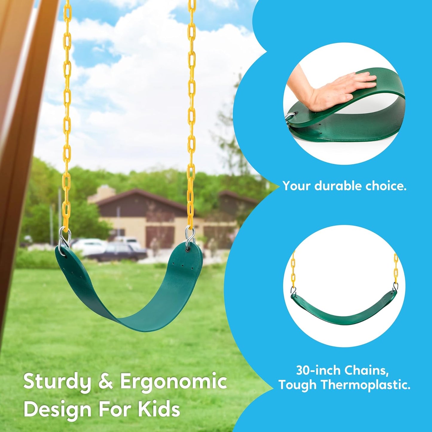 TURFEE 3 Pack Assorted Swing Set, Including 1 Gym Rings Trapeze Bar and 2 Pcs Swings with Plastic Coated Chain, Swingset Accessories Replacement for Kids Outdoor Play, Playground- Green