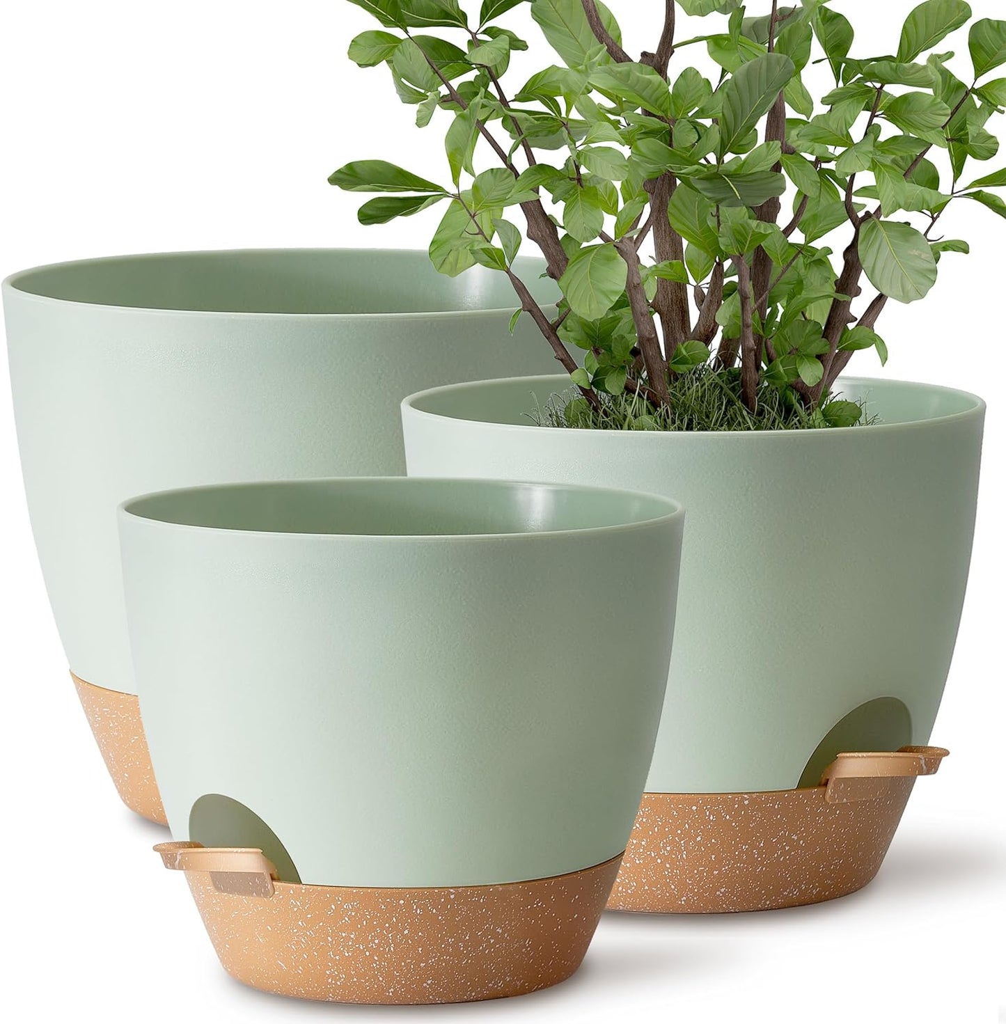 Plant Pots 12/10/9 inch Set of 3, Self Watering Flower Pots Indoor Outdoor, Planters with Drainage Hole Saucer Reservoir, Green